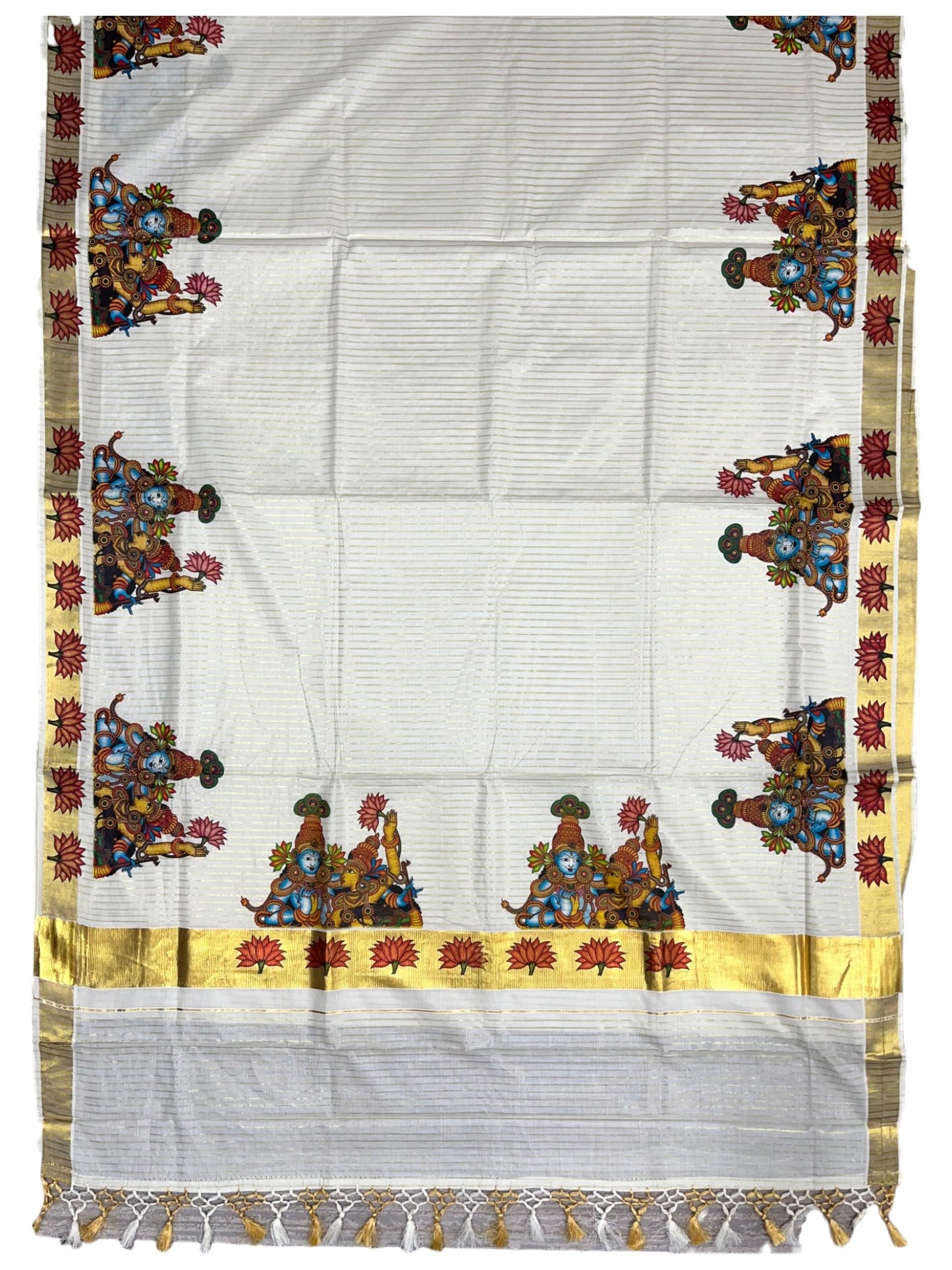Southloom Pure Cotton Kerala Kasavu Lines Saree with Krishna Radha Mural Printed Art Design and Printed Border