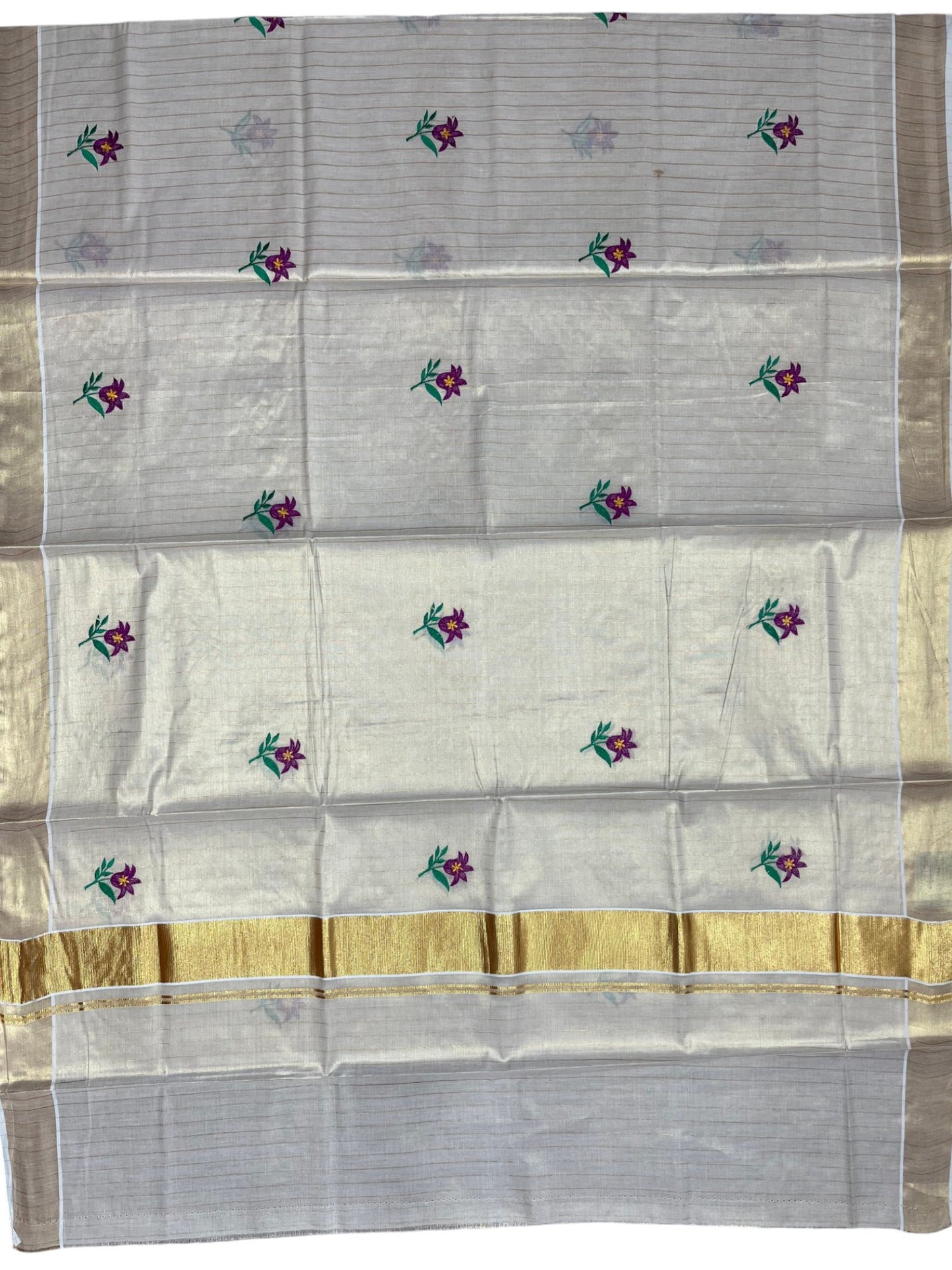 Southloom Kerala Tissue Kasavu Lines Saree with Floral Embroidery Work on Body