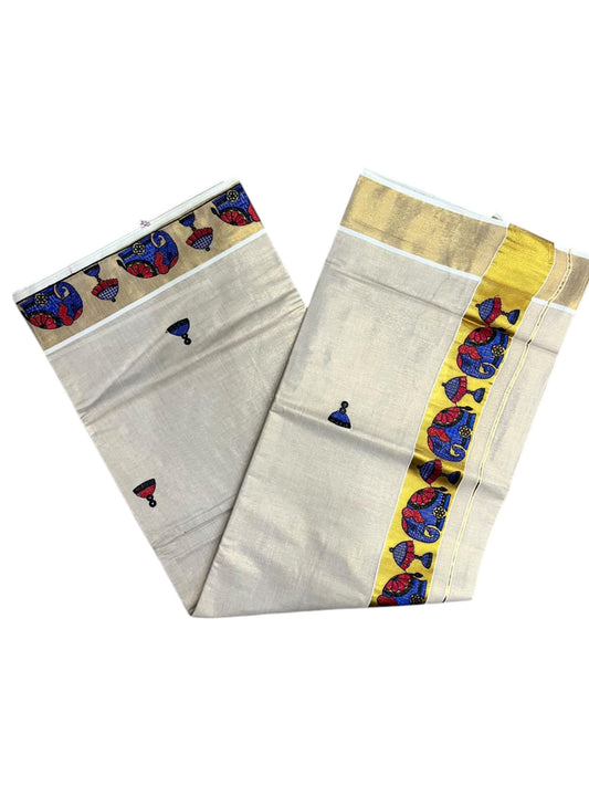 Southloom Tissue Kerala Kasavu Saree with Elephant Embroidery Design SL627