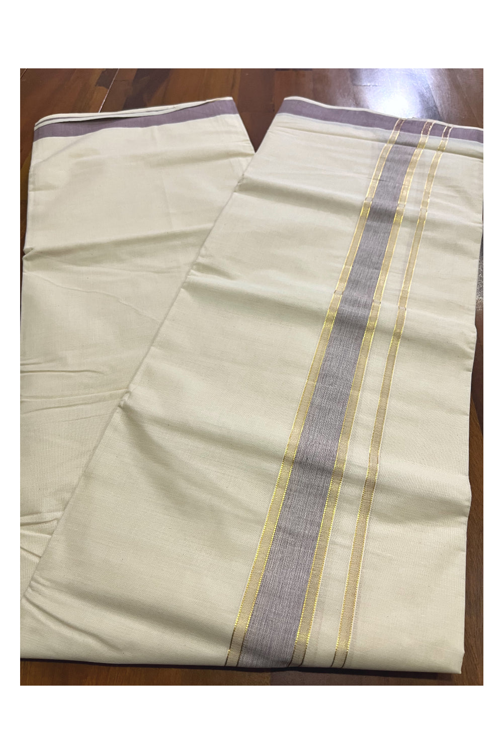 Off White Kerala Cotton Double Mundu with Kasavu and Light Violet Border (South Indian Kerala Dhoti)