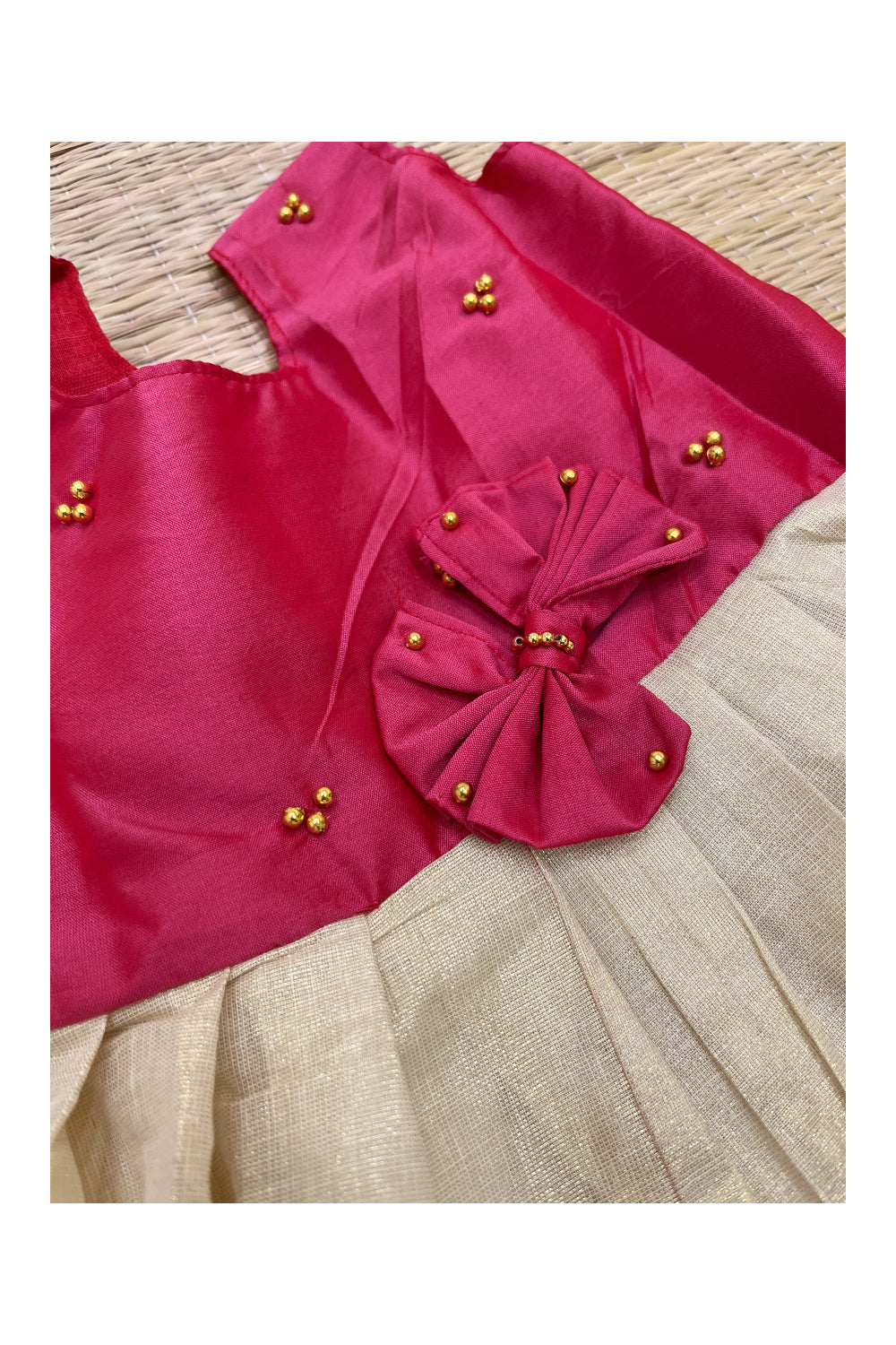 Southloom Kerala Tissue Frock with Magenta Bead Work Designs for Kids (1 Year)