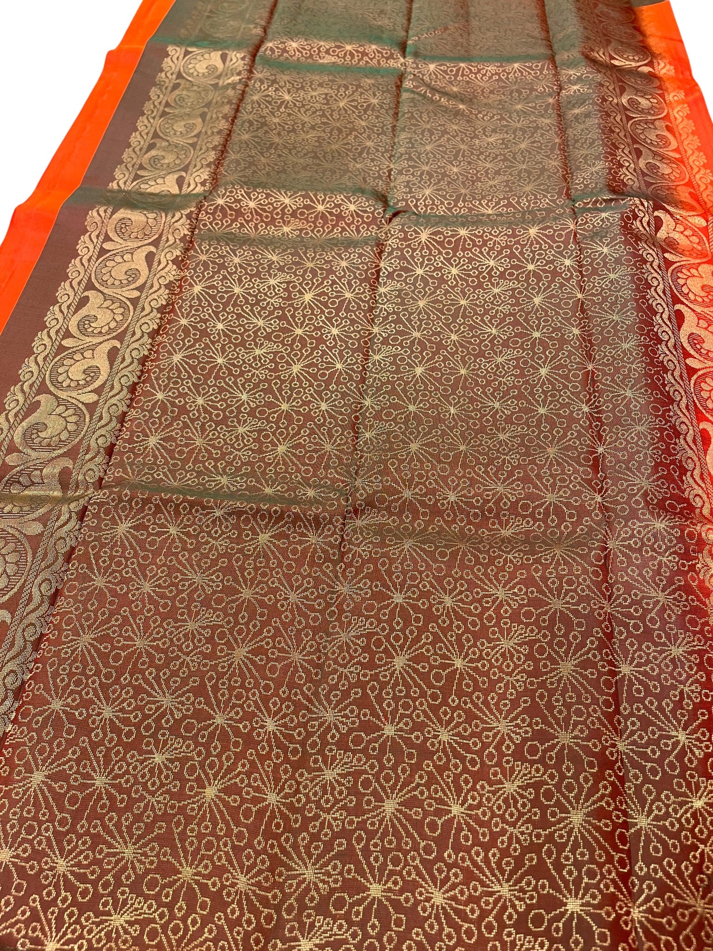 Southloom Pure Handloom Kanchipuram Silk Saree with Butta Work (Orange & Green)