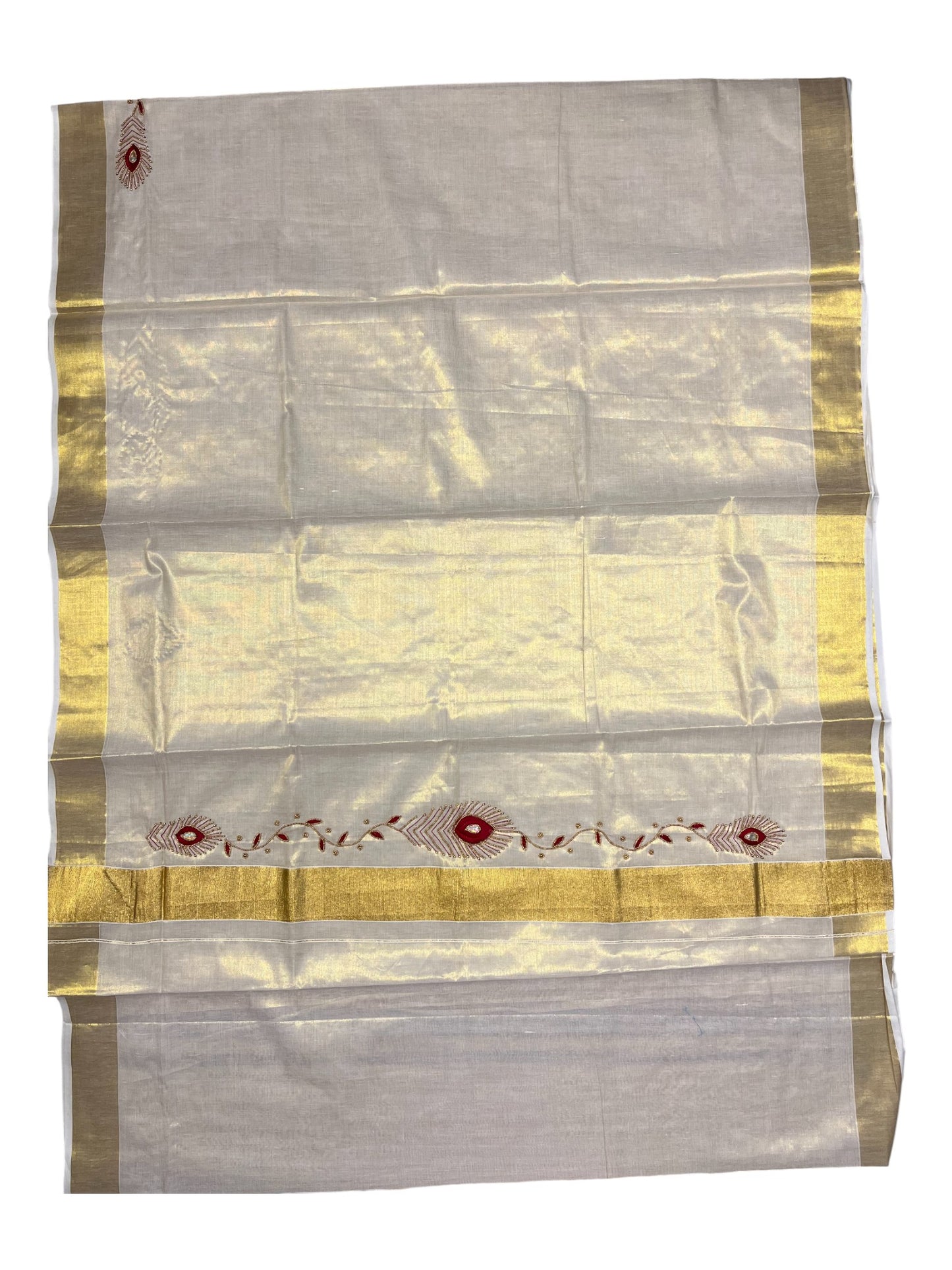 Kerala Tissue Kasavu Saree with Floral Embroidery and Sequins Work on Body