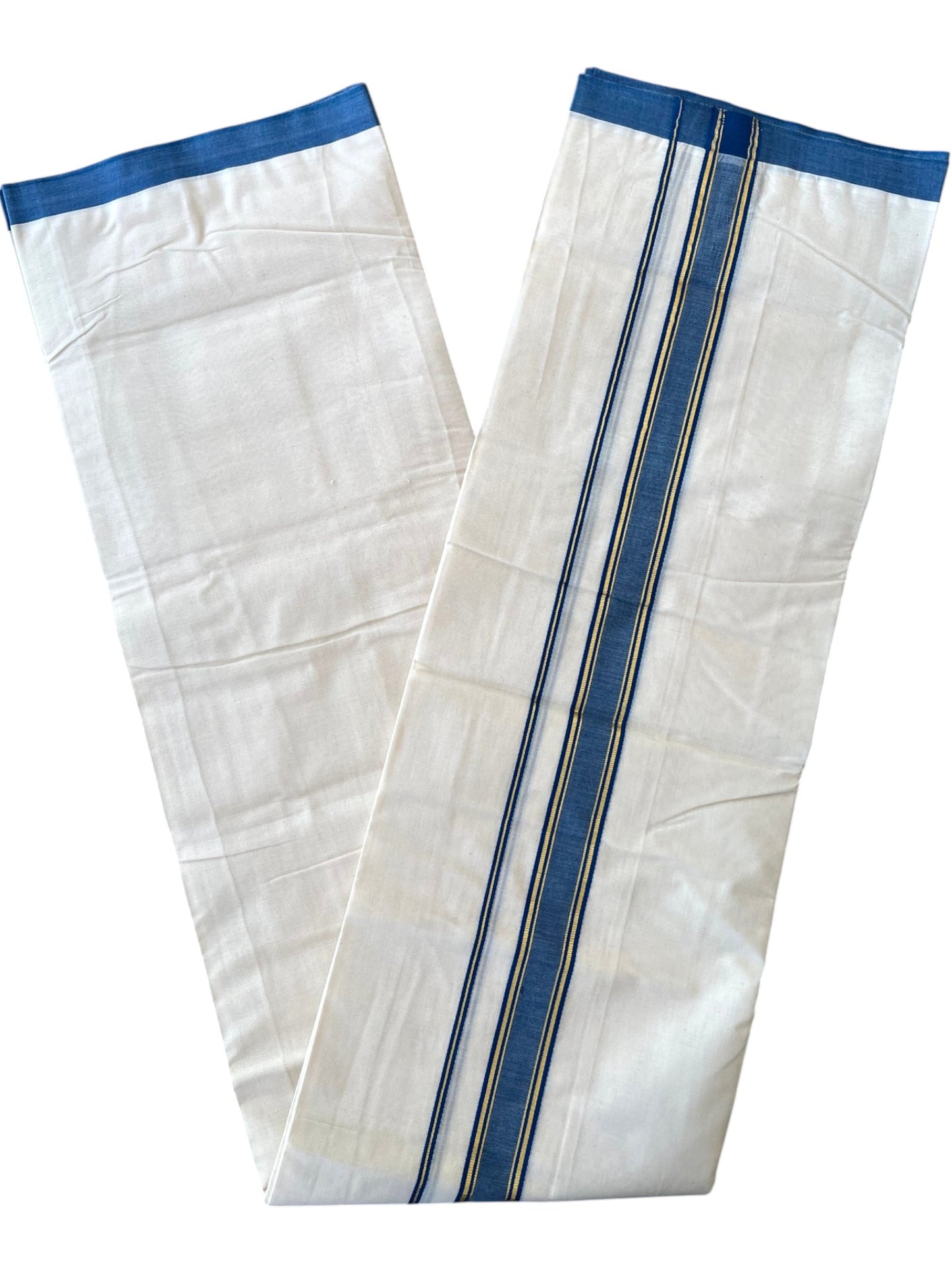 Southloom Pure Cotton Mundu with Golden Lines and Blue Border (South Indian Kerala Dhoti)