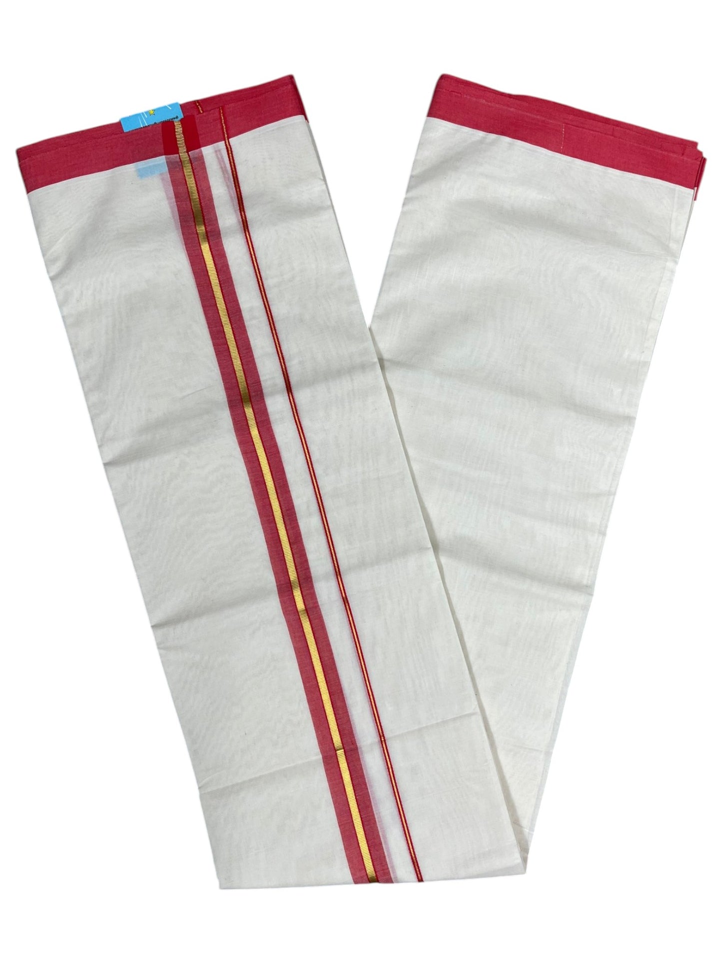 Southloom Pure Cotton Mundu with Gold Lines and Red Border (South Indian Kerala Dhoti)