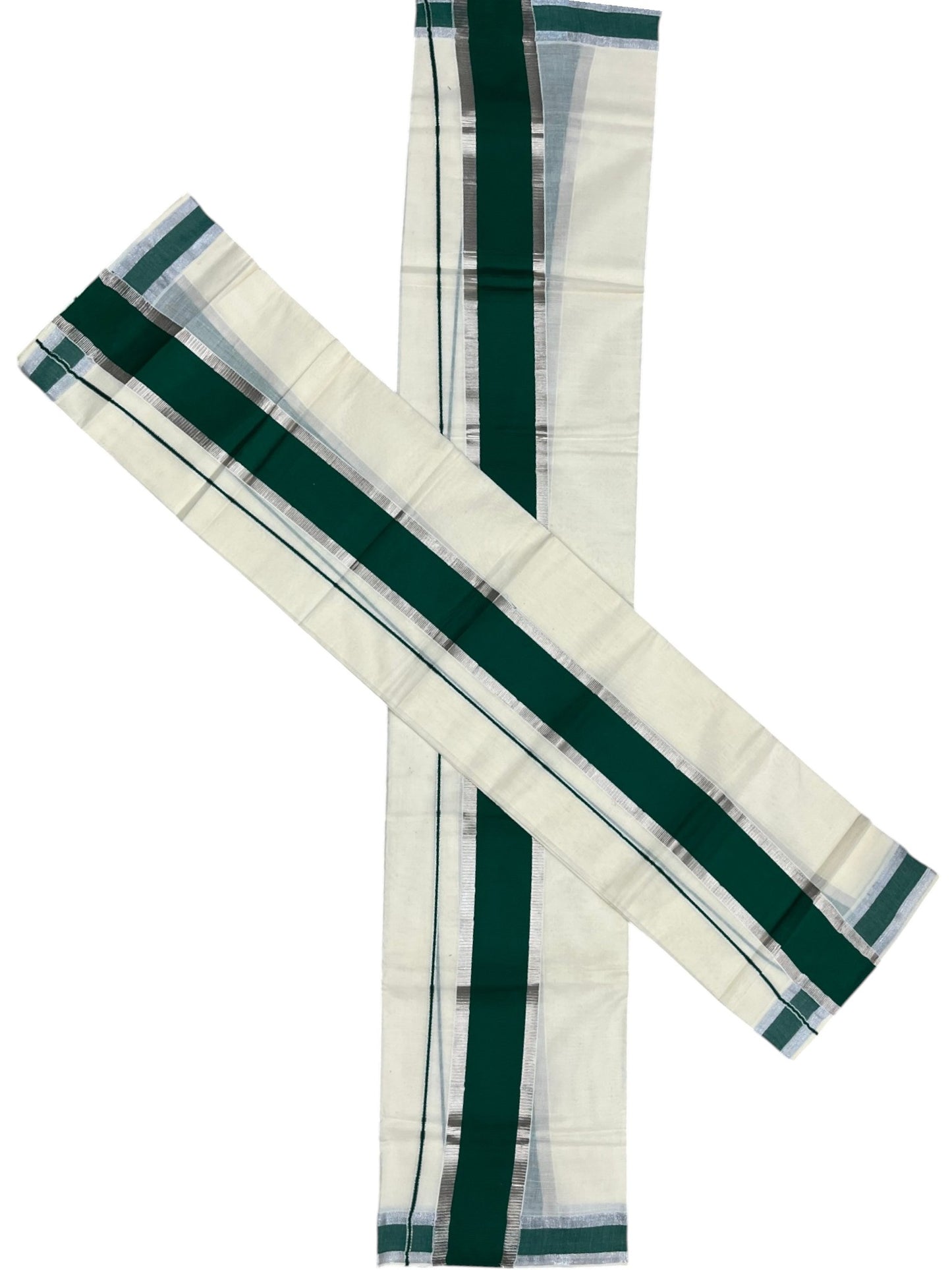 Kerala Cotton Mundum Neriyathum Single (Set Mundu) with Light Green and Silver Kasavu Border 2.80 Mtrs  SLKK SL470