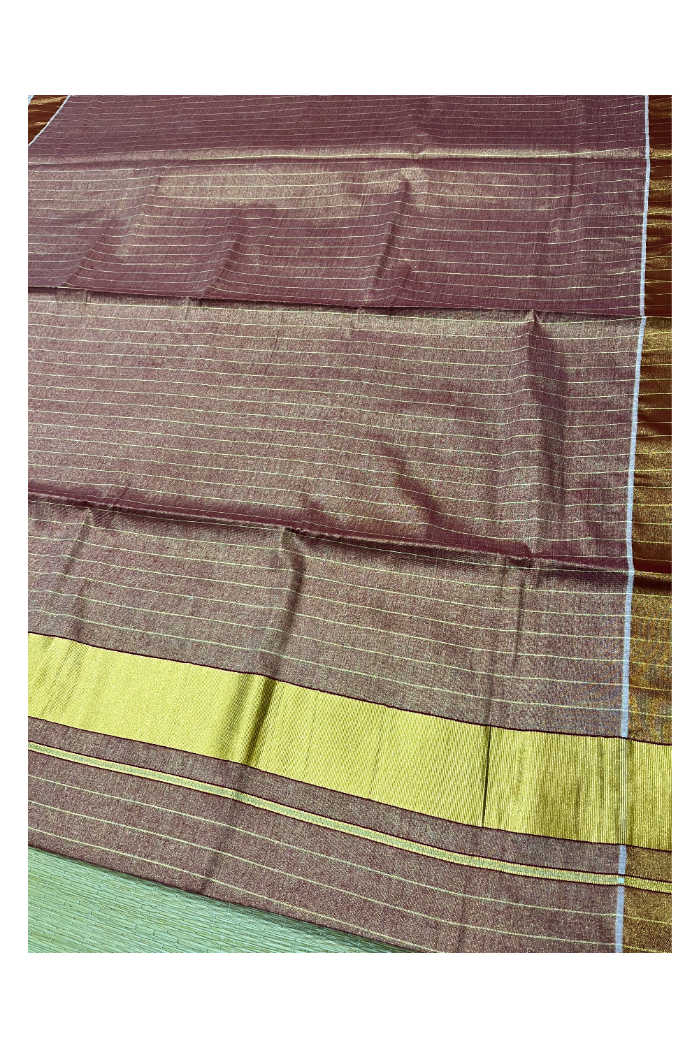 Kerala Maroon Tissue Kasavu Lines Design Saree with 3 Inch Border