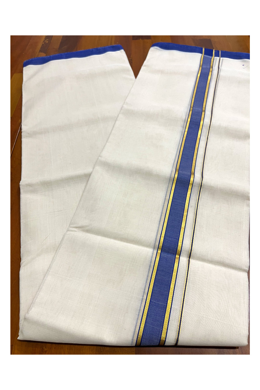 Premium Balaramapuram Handloom Unakkupaavu Cotton Double Mundu with Blue and Kasavu Border (Vishu 2024 Collection)