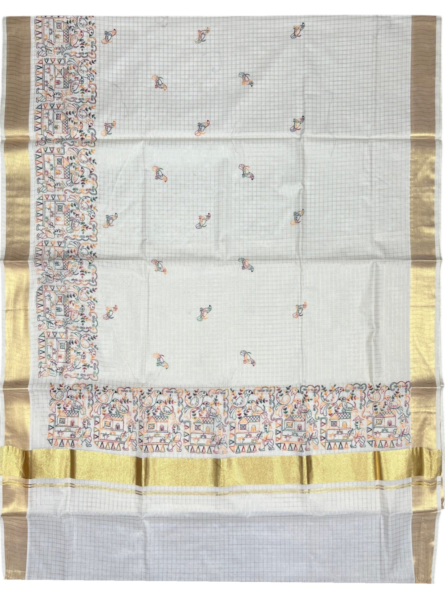 Southloom Kerala Pure Cotton Check Saree with Parrot Embroidery Work on Body and Borders