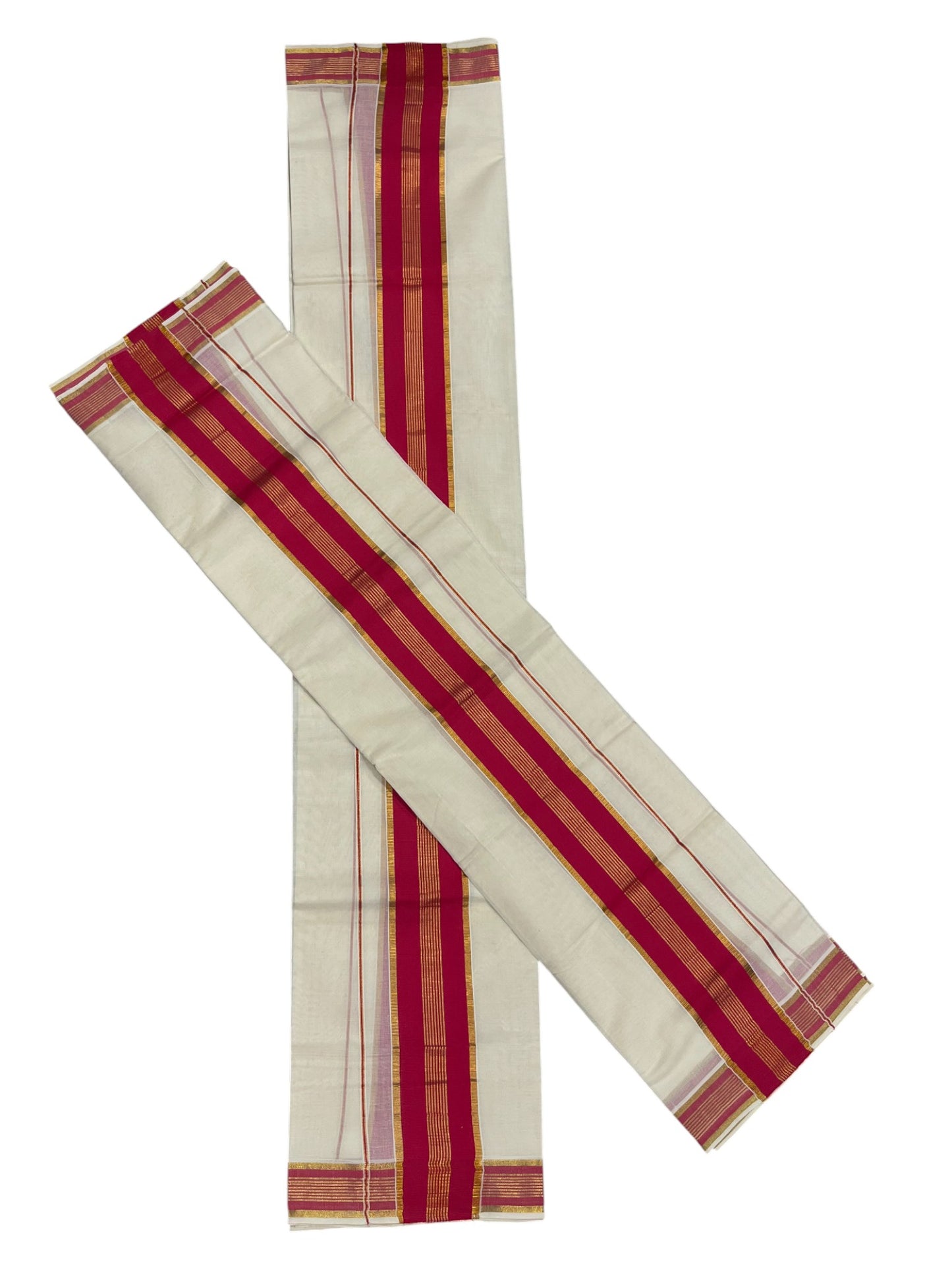 Kerala Cotton Set Mundu (Mundum Neriyathum) with Kasavu and Red Border