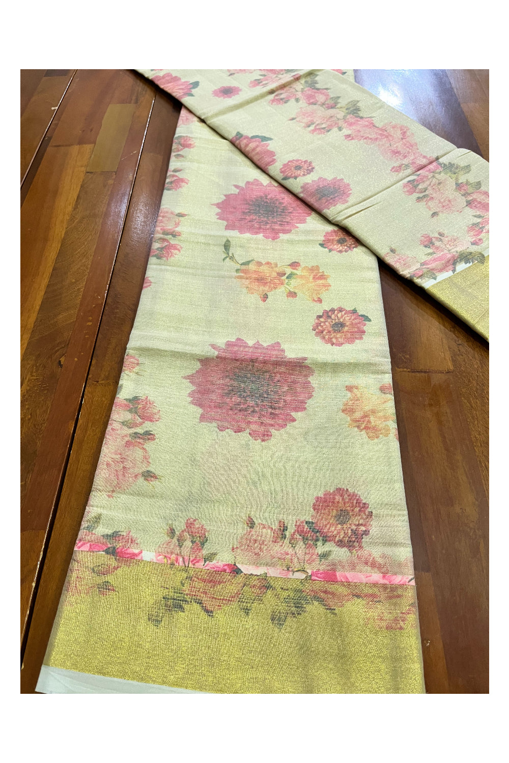 Kerala Tissue Digital Print Single Set Mundu (Mundum Neriyathum) with Pink Floral Design