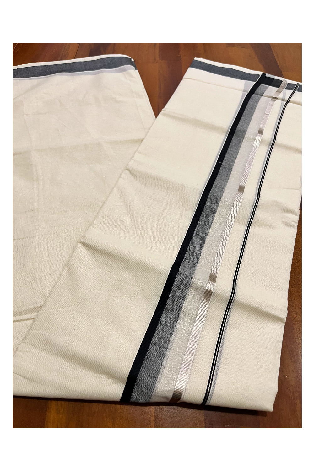 Kerala Pure Cotton Double Mundu with Black and Silver Kasavu Border (South Indian Kerala Dhoti)