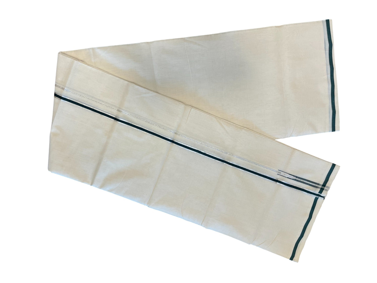 Southloom Premium Handloom Cotton Double Mundu with Silver and Green Chutti Kara Border