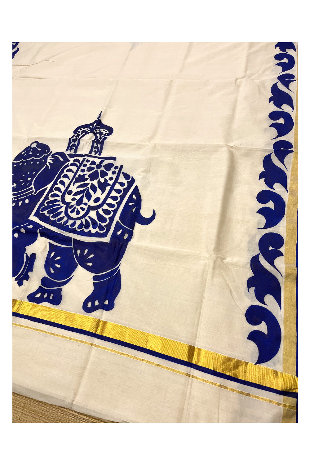 Southloom Premium Balaramapuram Handloom Cotton Saree with Hand Painted Rajasthani Style Elephants