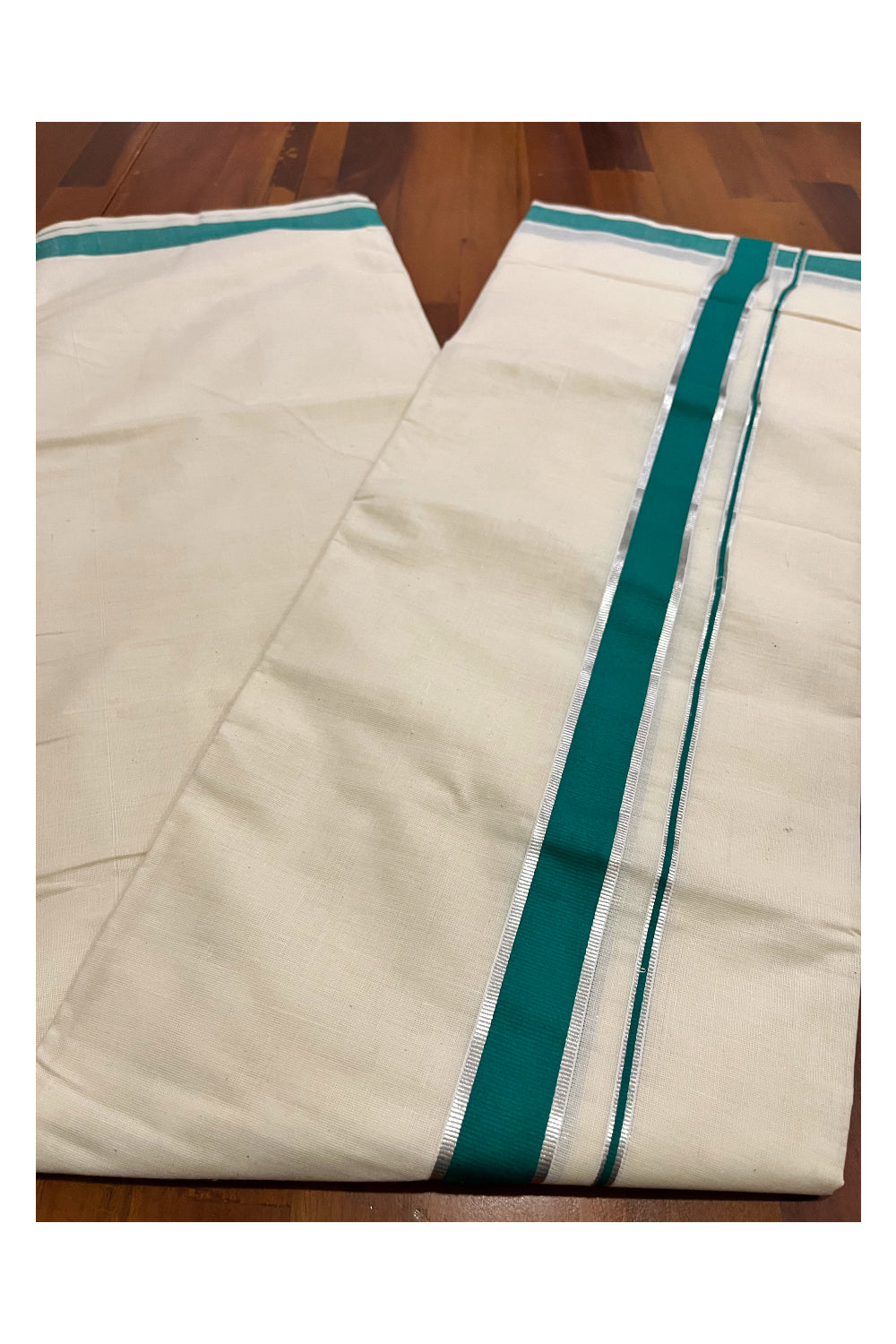 Pure Cotton Double Mundu with Silver Kasavu and Green Kara (South Indian Kerala Dhoti)