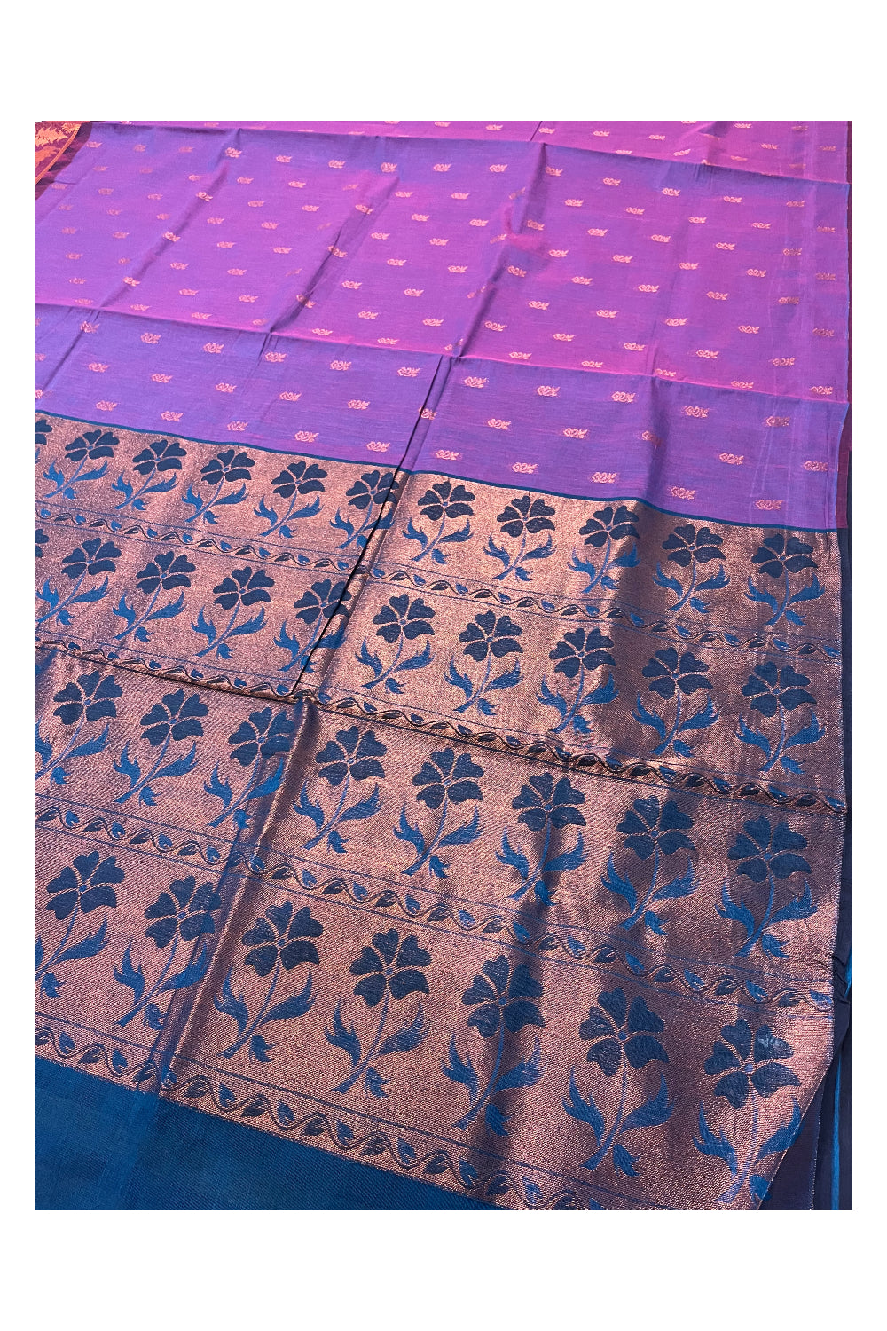 Southloom Cotton Violet Saree with Kasavu Woven Butta Works on Body  and Pallu