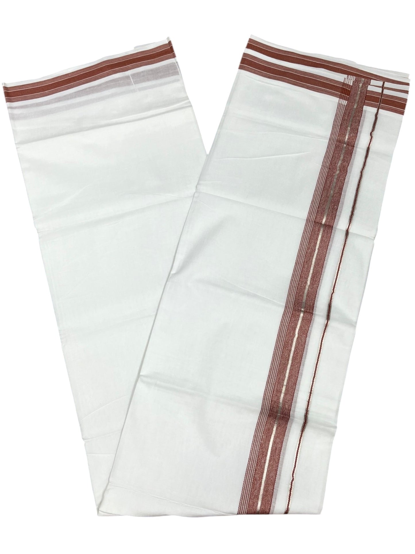 Southloom Kerala Pure White Cotton Double Mundu with Silver Line & Brick Red Border (South Indian Dhoti)