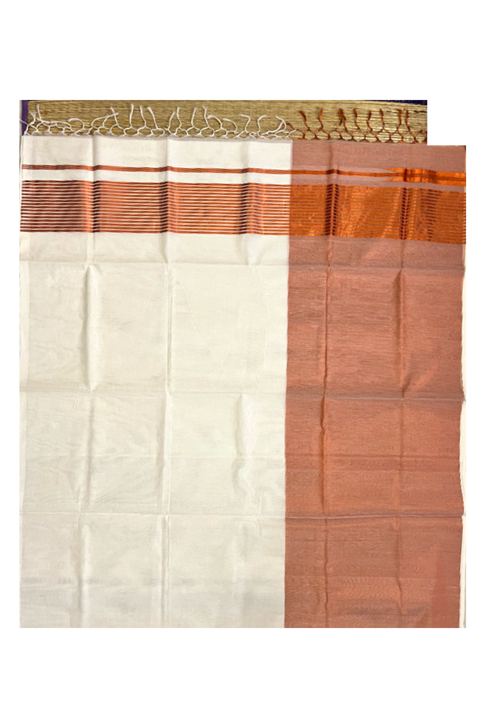 Southloom™ Premium Handloom Half & Half (Cotton / Tissue) Kerala Saree with Copper Kasavu Pallu