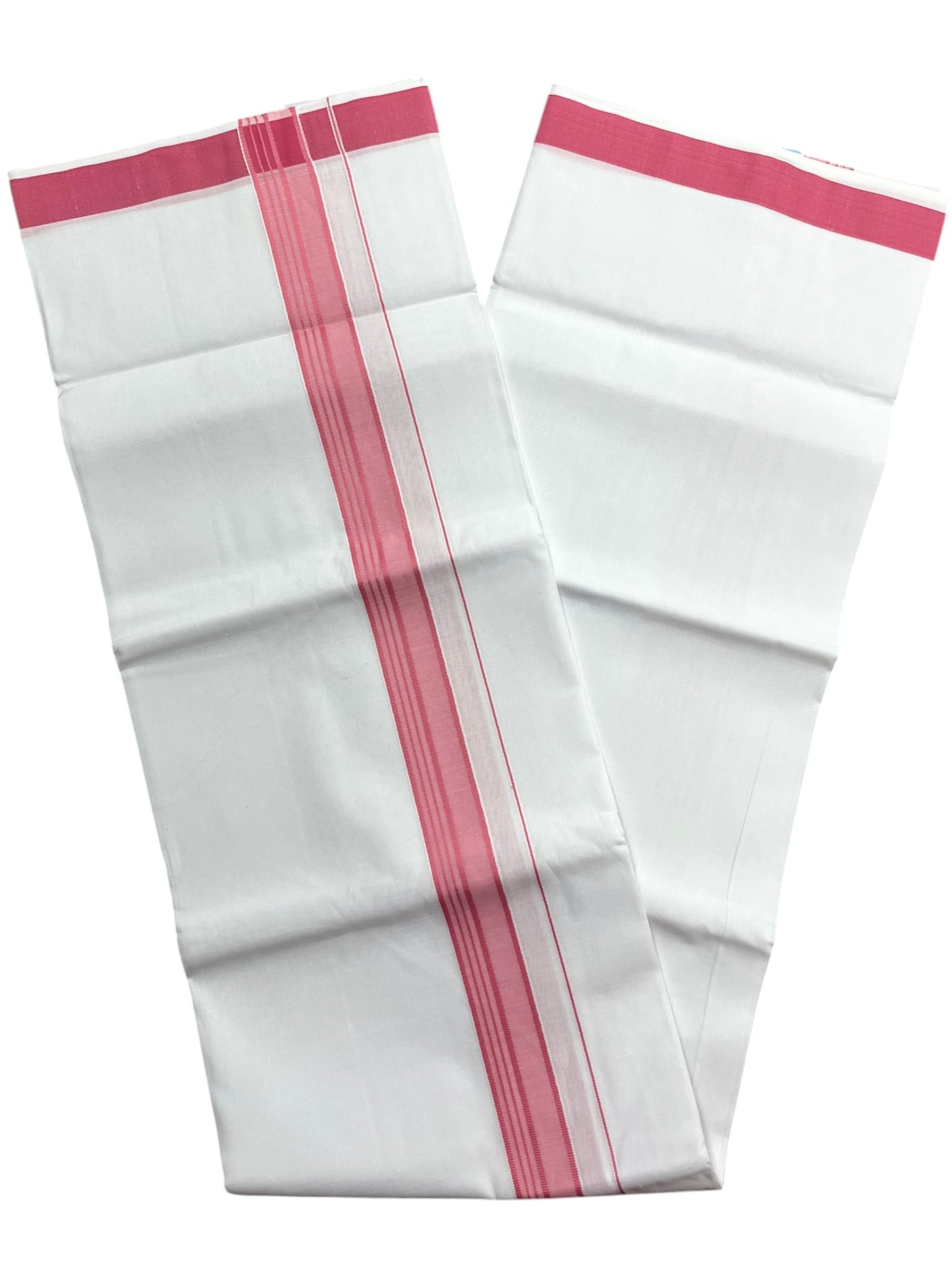 Southloom Pure White Cotton Mundu with Pink Lines Border (South Indian Kerala Dhoti)