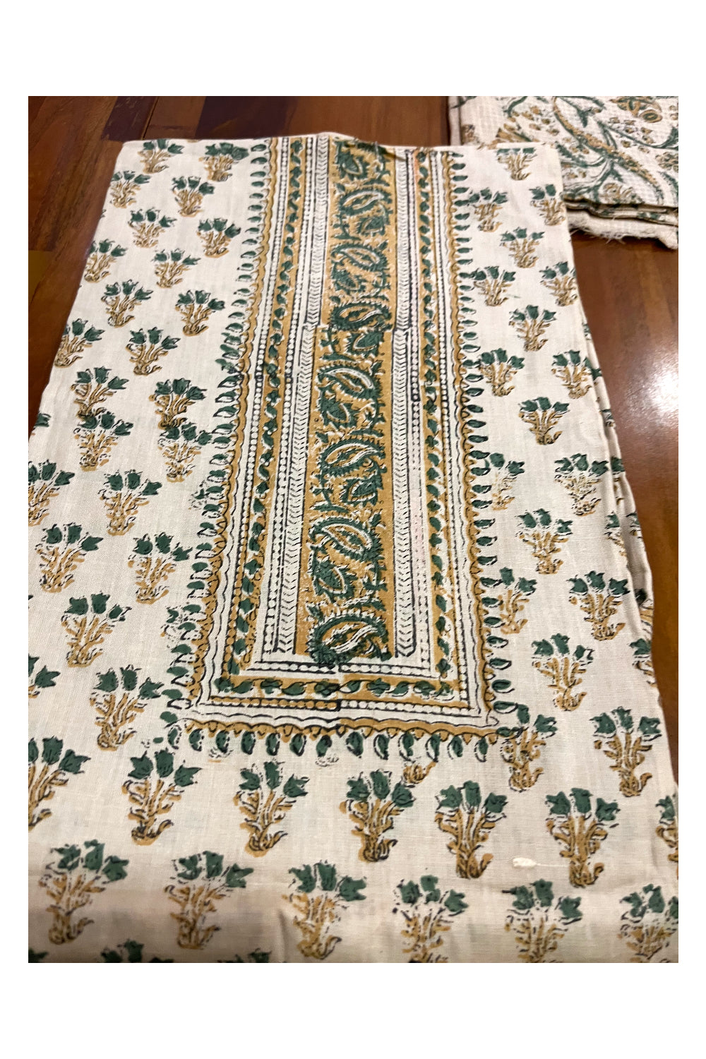 Southloom™ Cotton Light Brown Churidar Salwar Suit Material Green Block Prints on Body