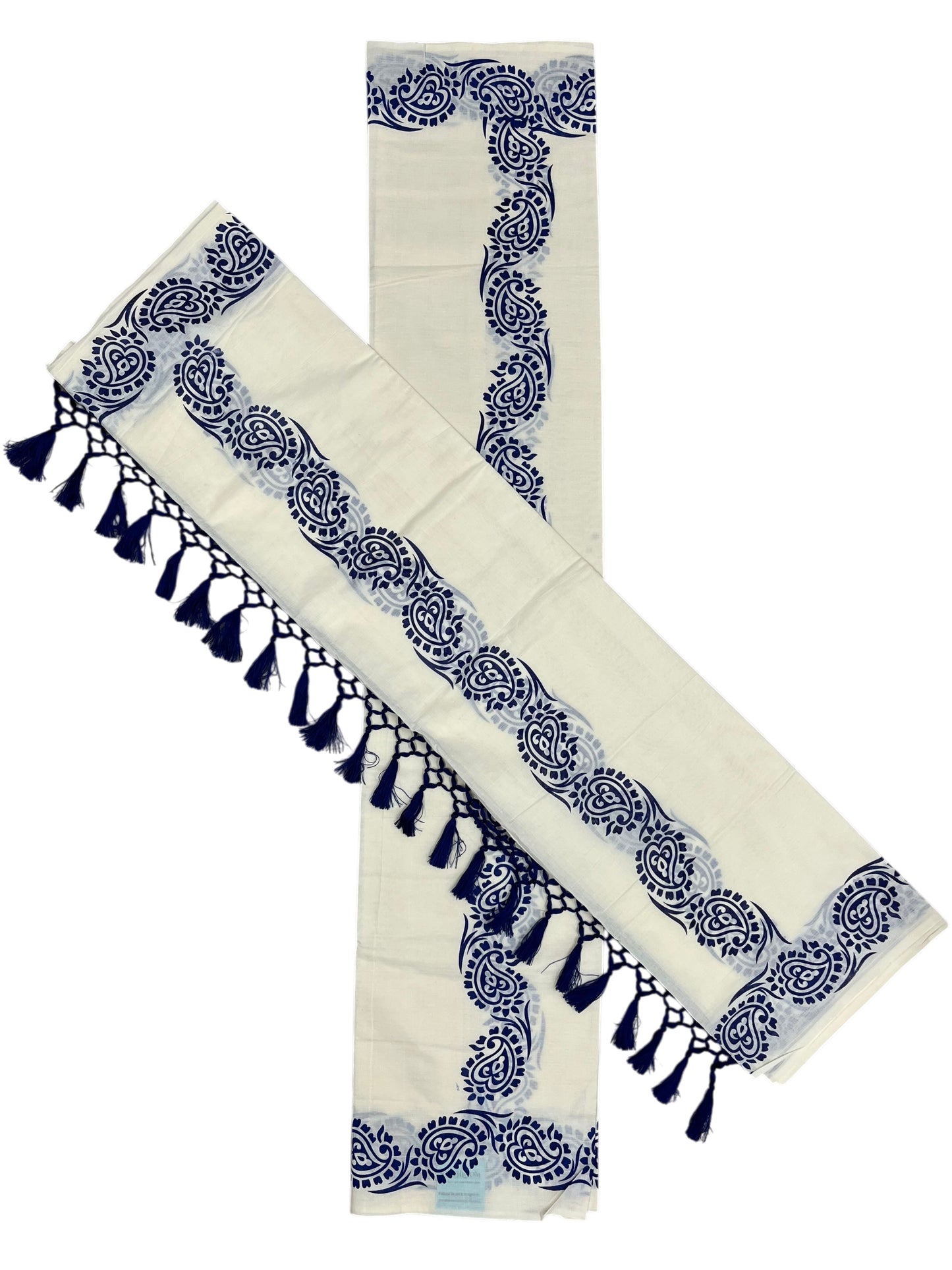 Southloom Cotton Single Set Mundu (Mundu Neriyathum) Blue Printed Border With Tussles in 2.80 Mtrs