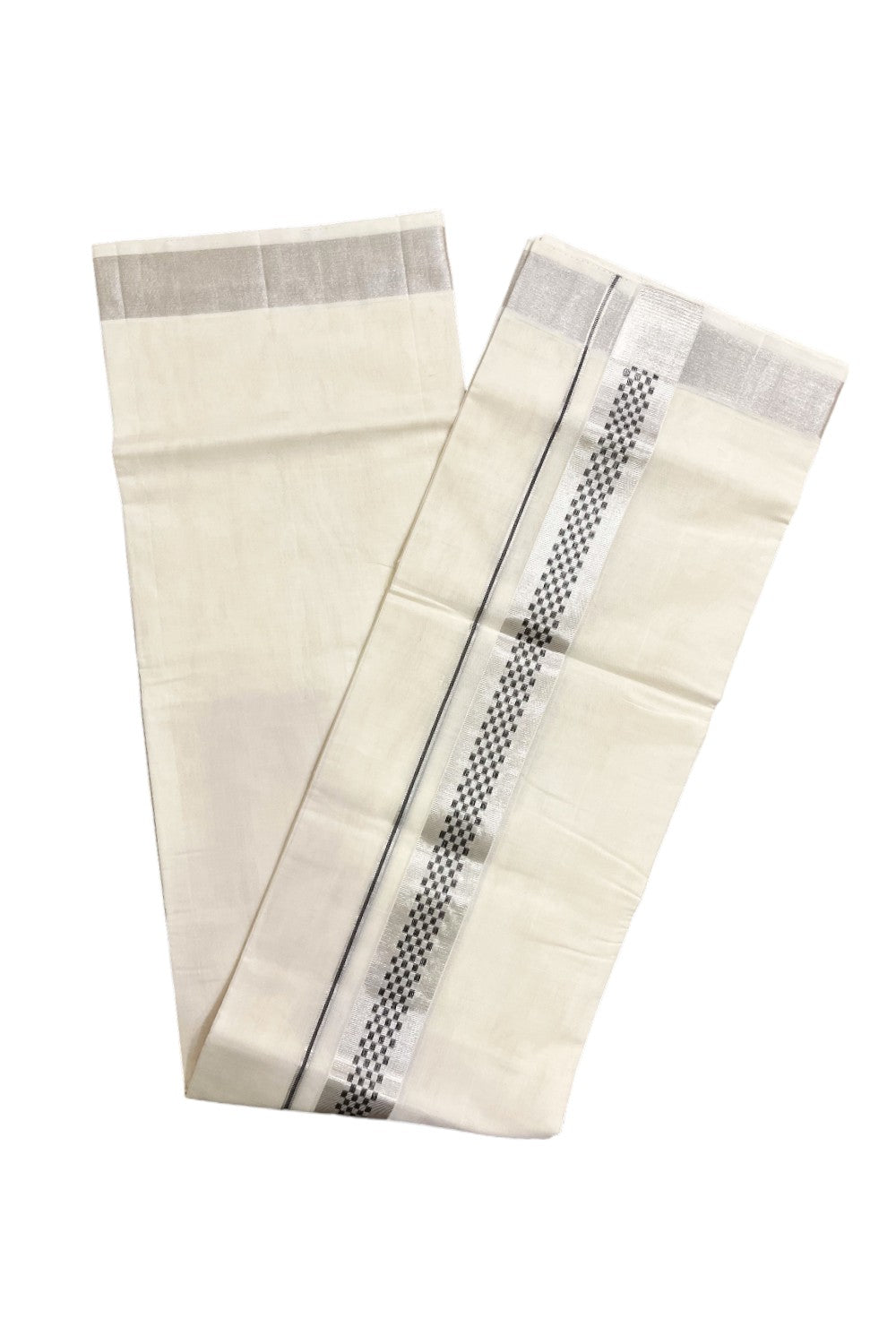 Southloom Premium Handloom Pure Cotton Mundu with Silver and Black Kasavu Woven Border