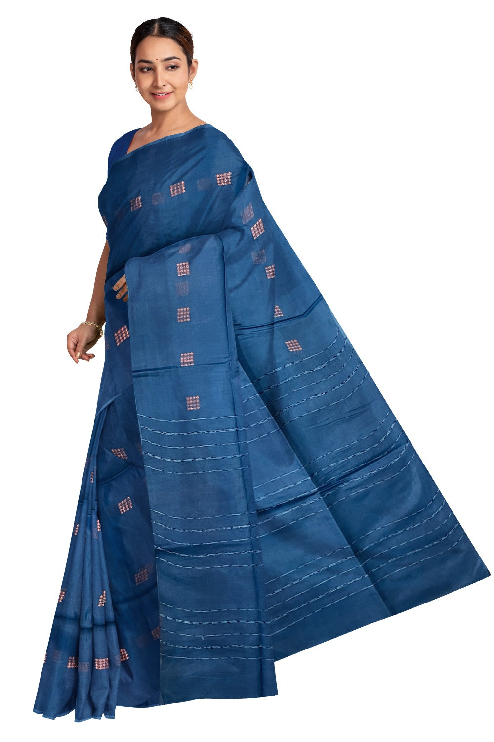 Southloom Cotton Blue Saree with Copper Butta Works on Body