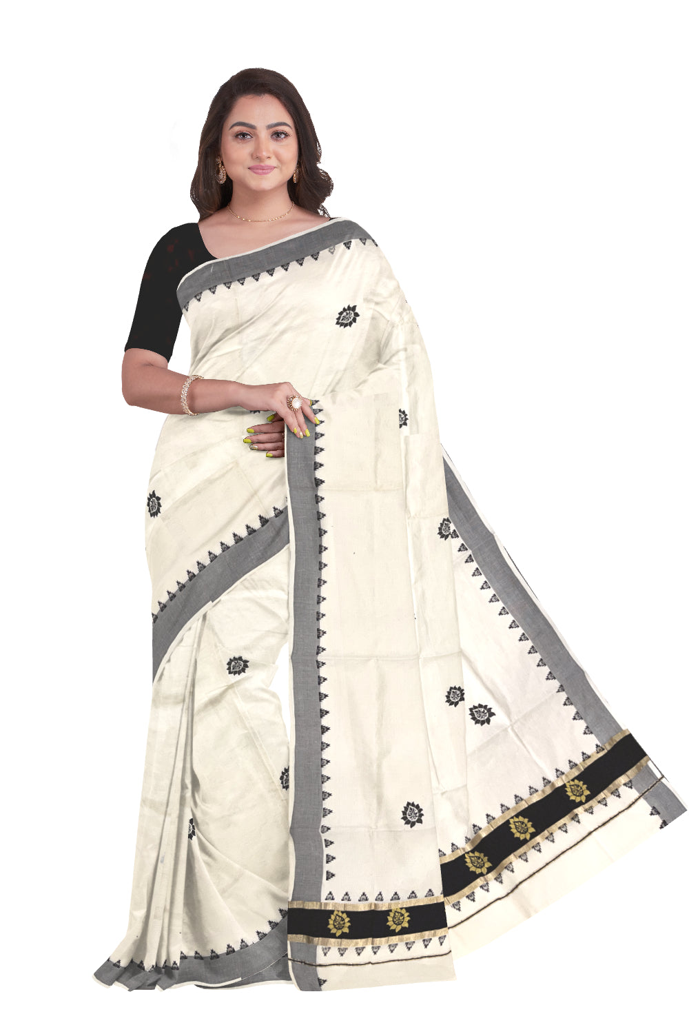 Pure Cotton Kerala Kasavu Saree with Black Floral Block Printed Design