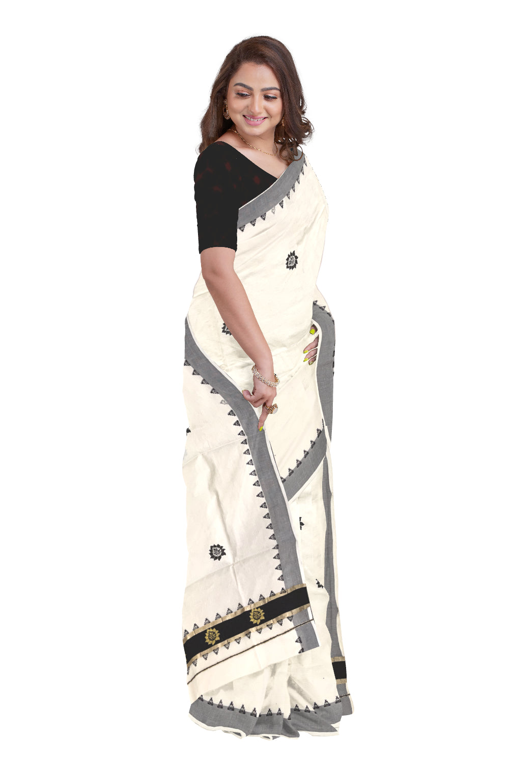 Pure Cotton Kerala Kasavu Saree with Black Floral Block Printed Design