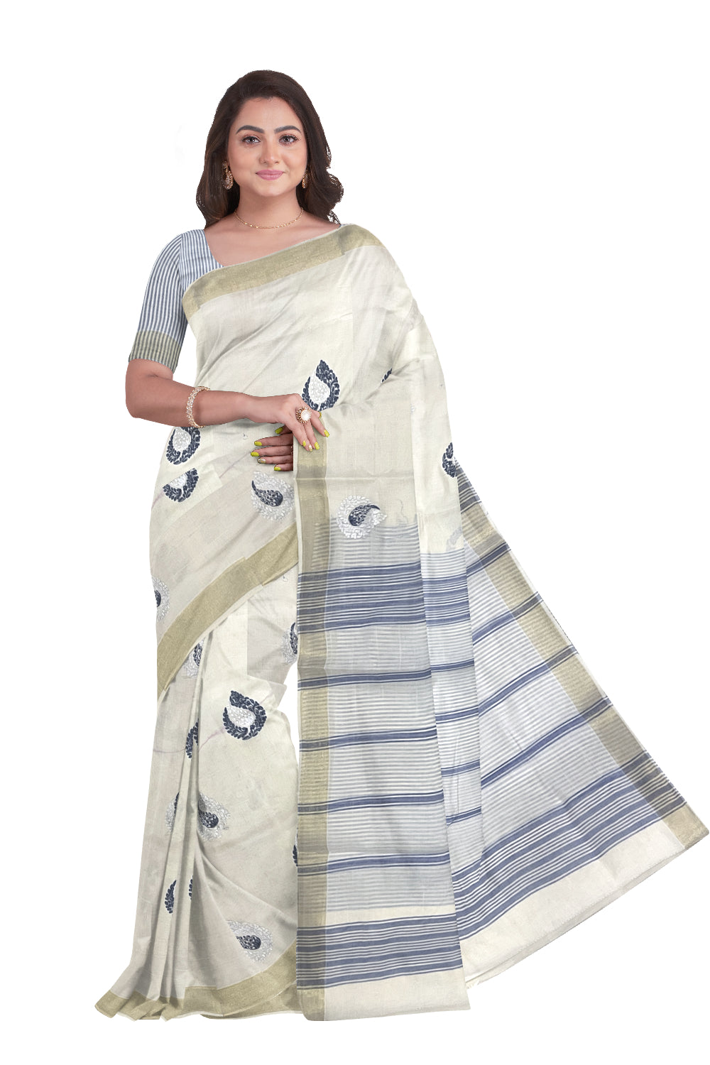 Pure Cotton Kerala Saree with Blue Paisley Embroidery Work and Kasavu Border