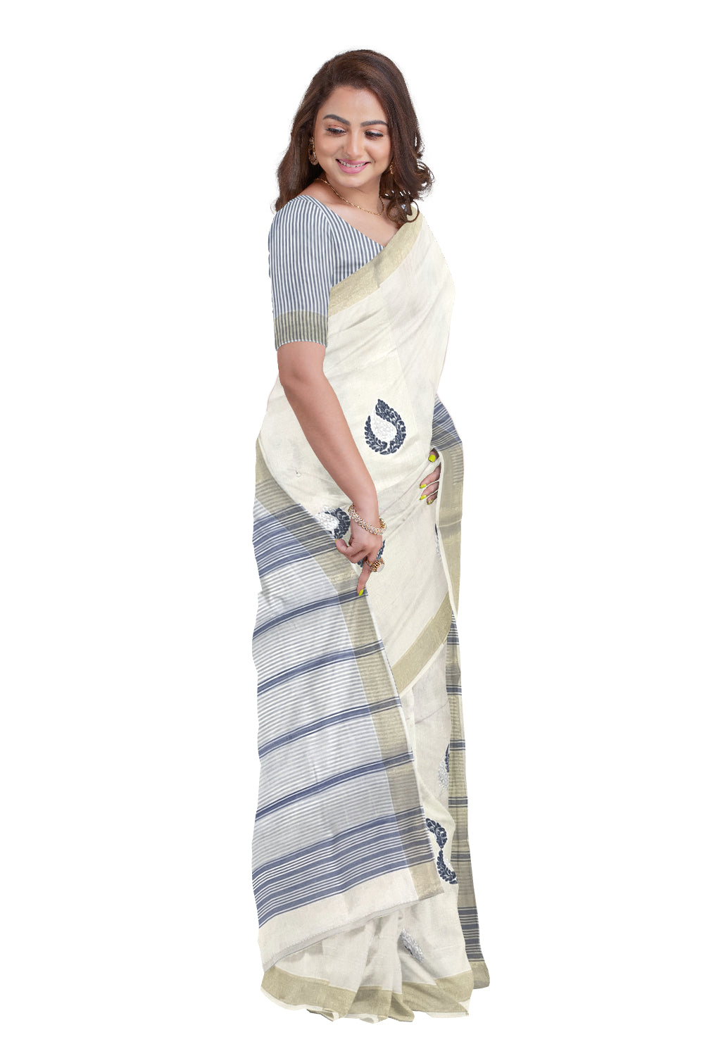 Pure Cotton Kerala Saree with Blue Paisley Embroidery Work and Kasavu Border