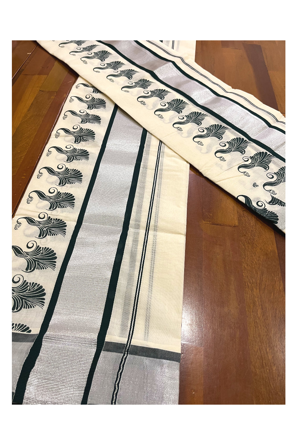 Pure Cotton Kerala Single Set Mundu (Mundum Neriyathum) with Dark Green Block Printed Silver Kasavu Border