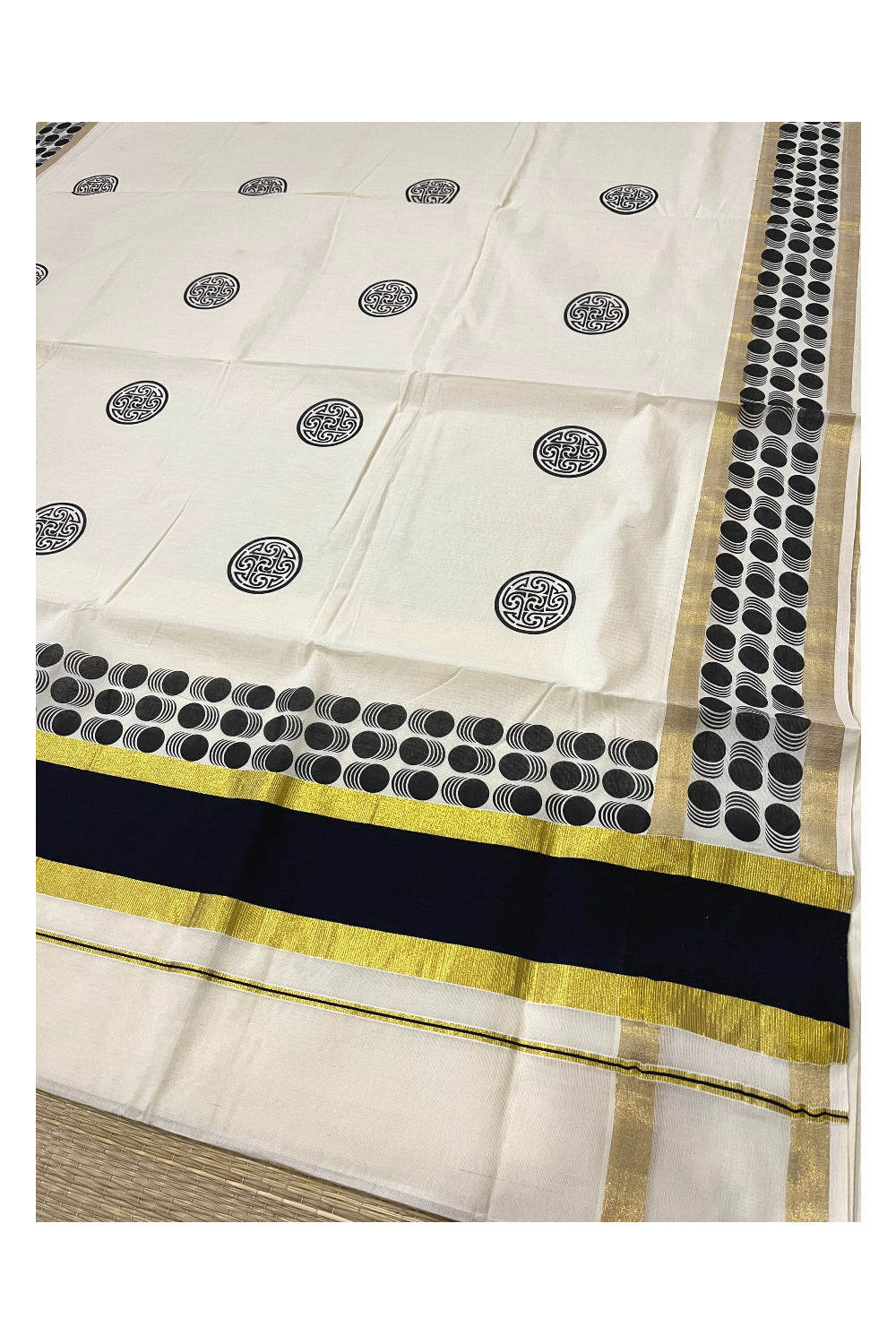 Pure Cotton Kerala Saree with Black Block Printed Kasavu Border