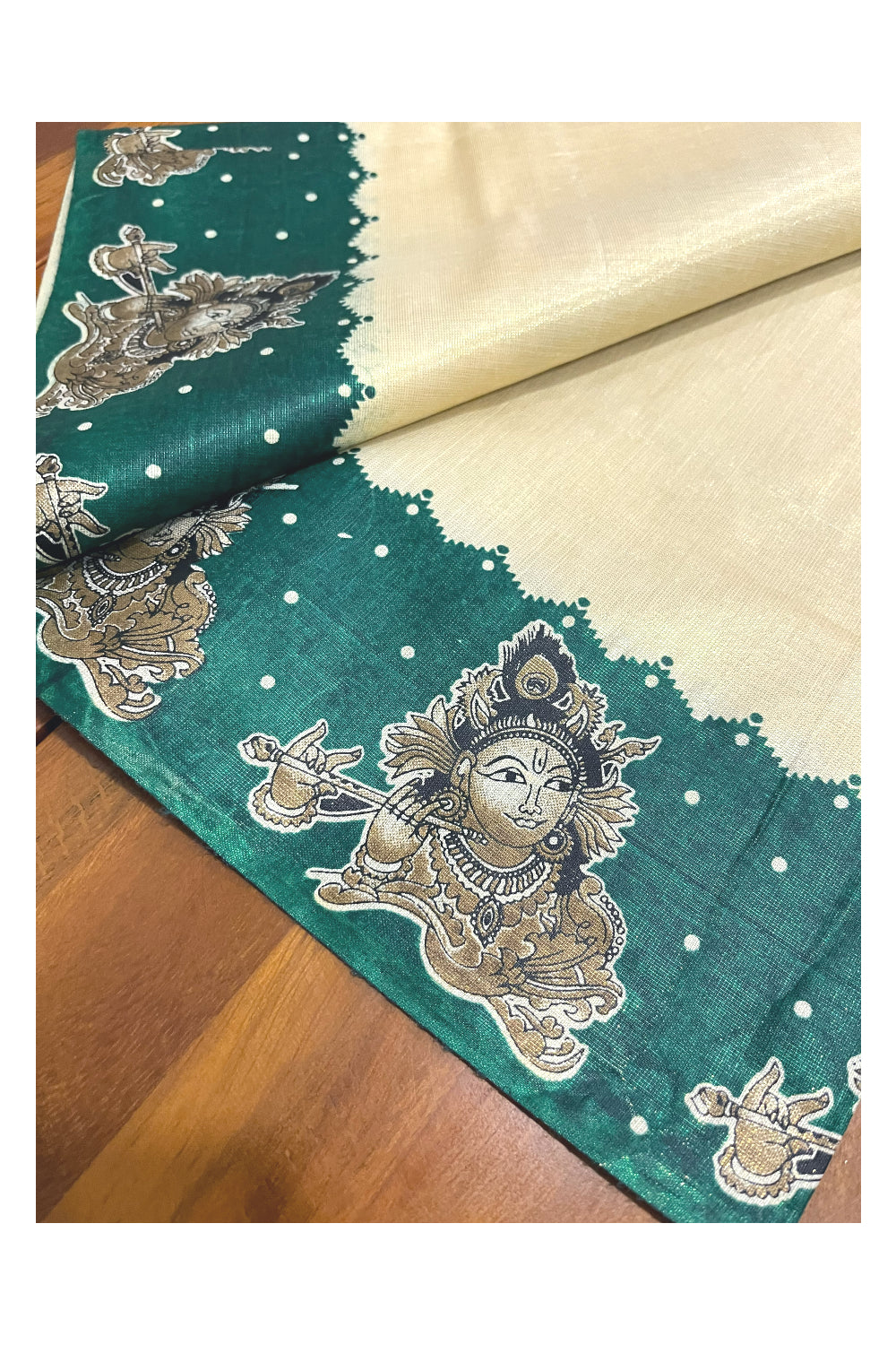 Kerala Tissue Kasavu Set Mundu (Mundum Neriyathum) with Krishna Mural Prints on Green Border (Onam Set Mundu 2023)