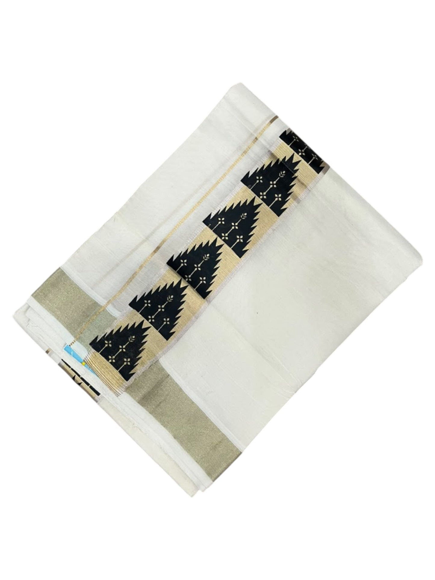 southloom Pure Cotton Double Mundu with Block Prints on Black Border (South Indian Dhoti)SL613