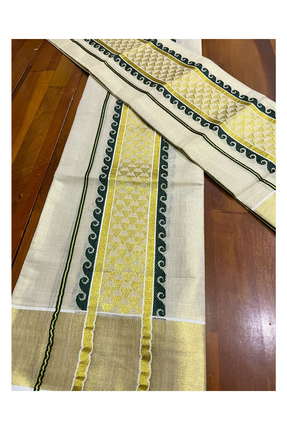 Kerala Tissue Single Set Mundu (Mundum Neriyathum) with Green and Kasavu Woven Border 2.80 Mtrs (Vishu 2024 Collection)