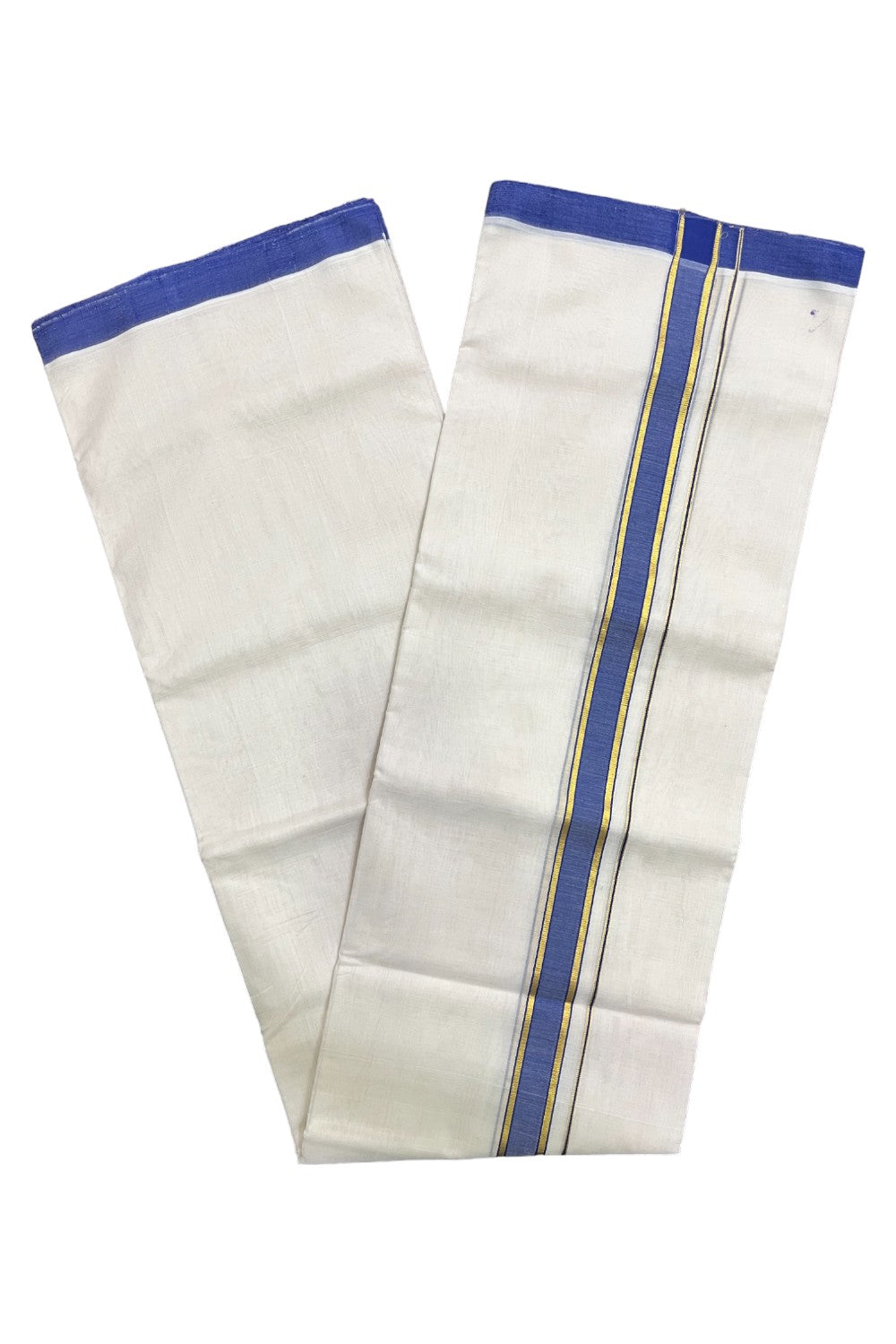 Premium Balaramapuram Handloom Unakkupaavu Cotton Double Mundu with Blue and Kasavu Border (Vishu 2024 Collection)