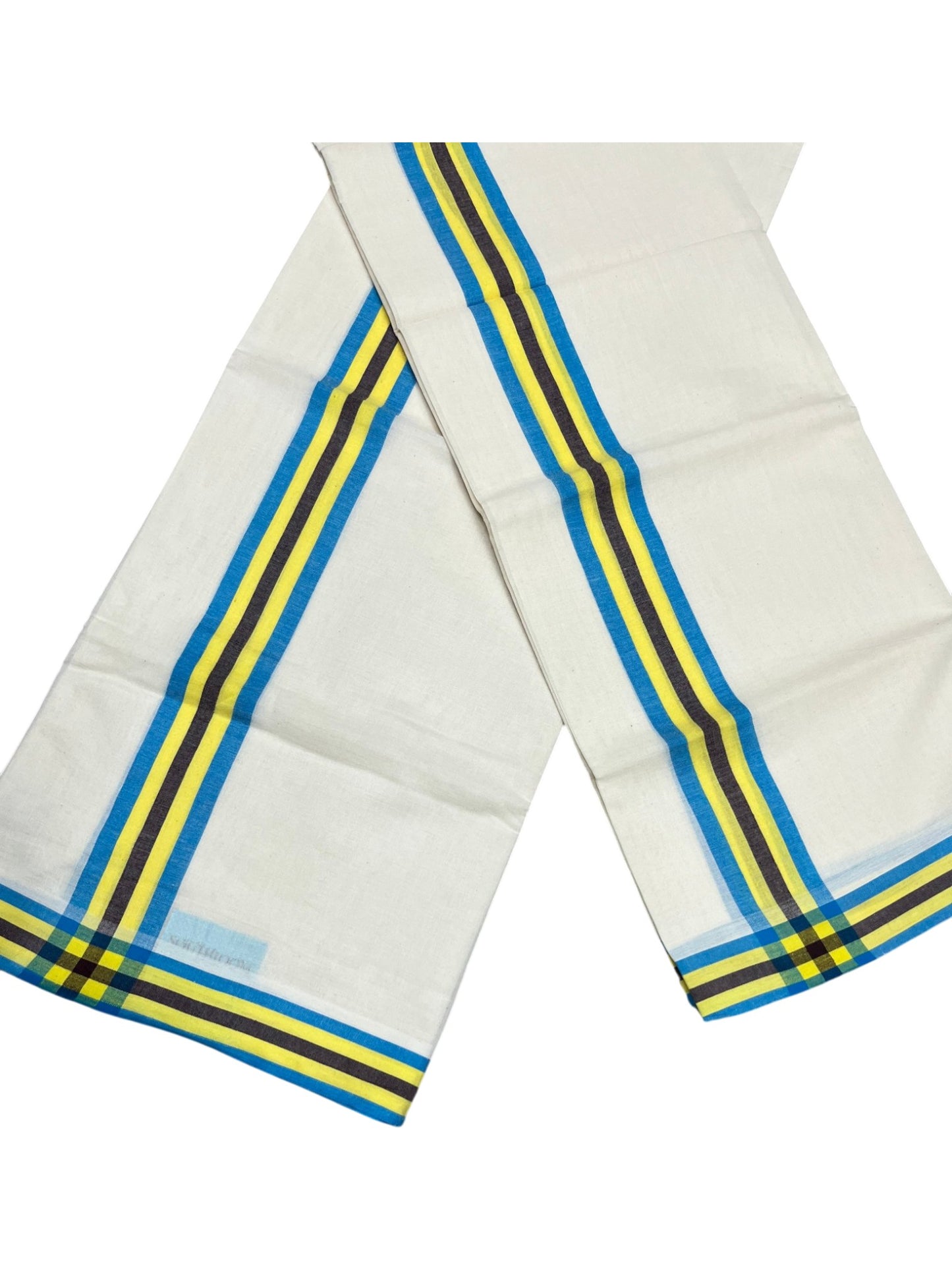 Southloom Pure Cotton Kerala Single Mulloth Set Mundu (Mundum Neriyathum) Blue & Yellow Border in 2.50 mtrs SL243