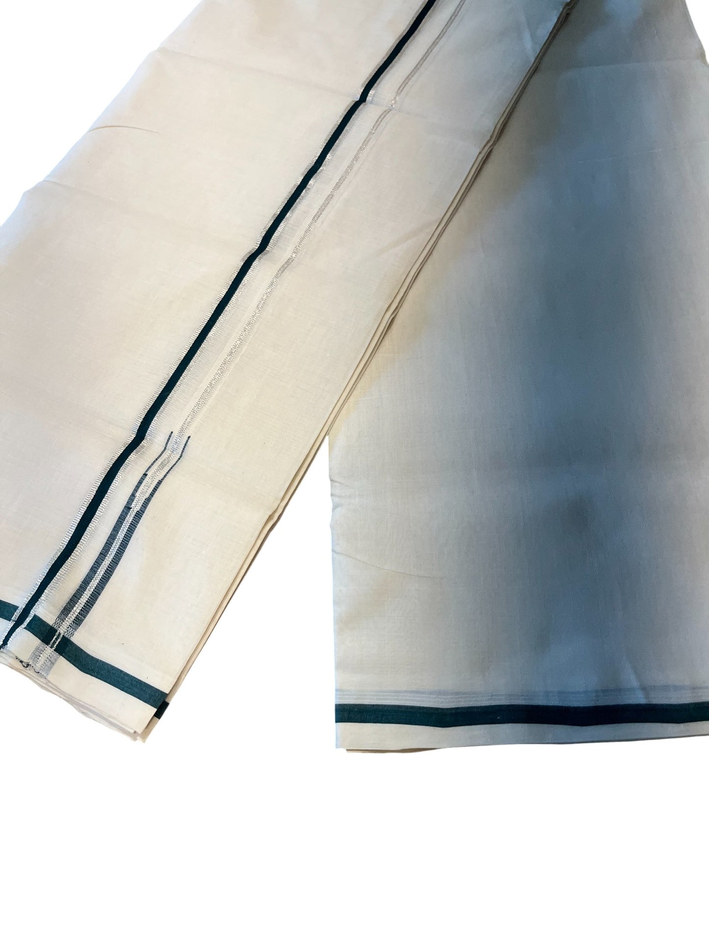 Southloom Premium Handloom Cotton Double Mundu with Silver and Green Chutti Kara Border