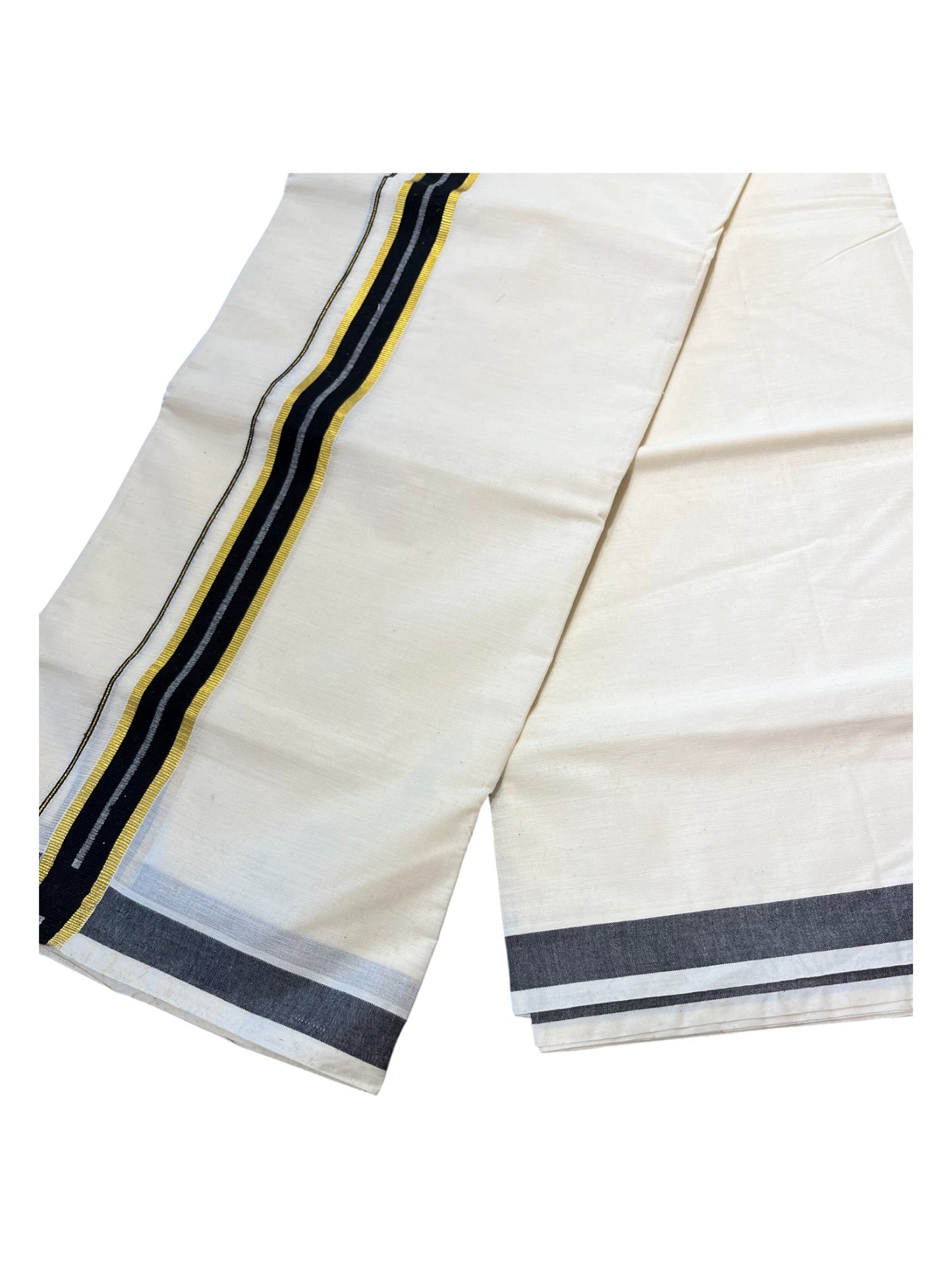Southloom Pure Cotton  Double Mundu With Gold Kasavu & Black Colour Border (South Indian Kerala Dhoti)