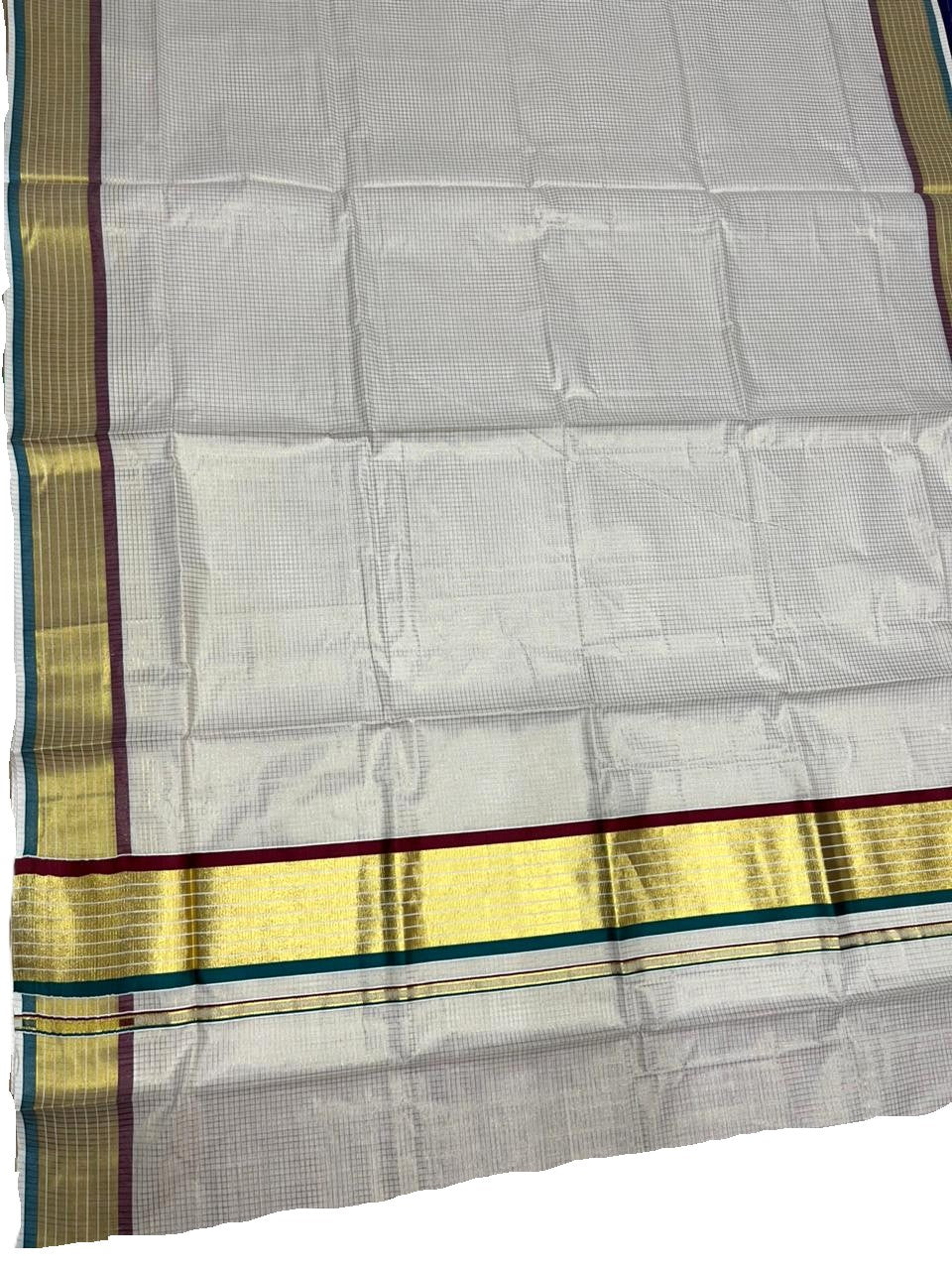 Southloom Kerala Cotton Kasavu Saree with Micro Check Design on Body in Peacock Green & Maroon Border SL451