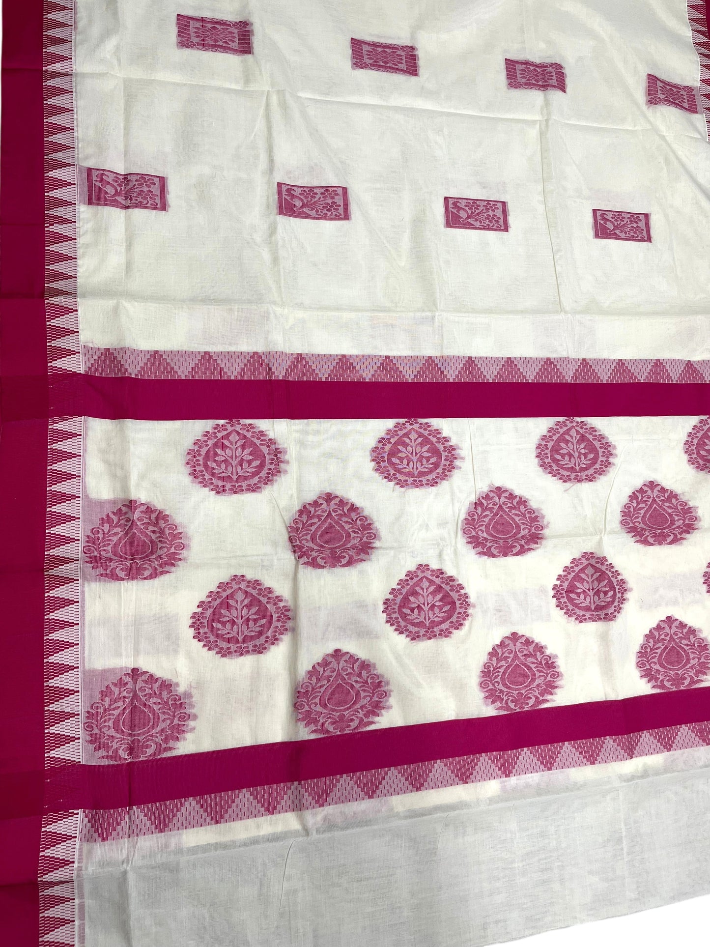 Southloom Pure Cotton Kerala Saree with Magenta Heavy Woven Designs and Temple Border