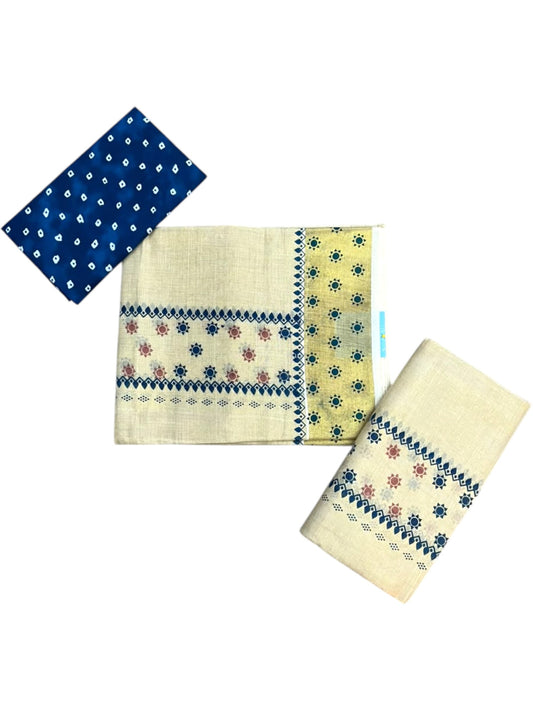 Southloom Kerala Tissue Set Mundu (Mundum Neriyathum) with Blue & Brown Floral Prints on Border-2.80Mtrs SL625