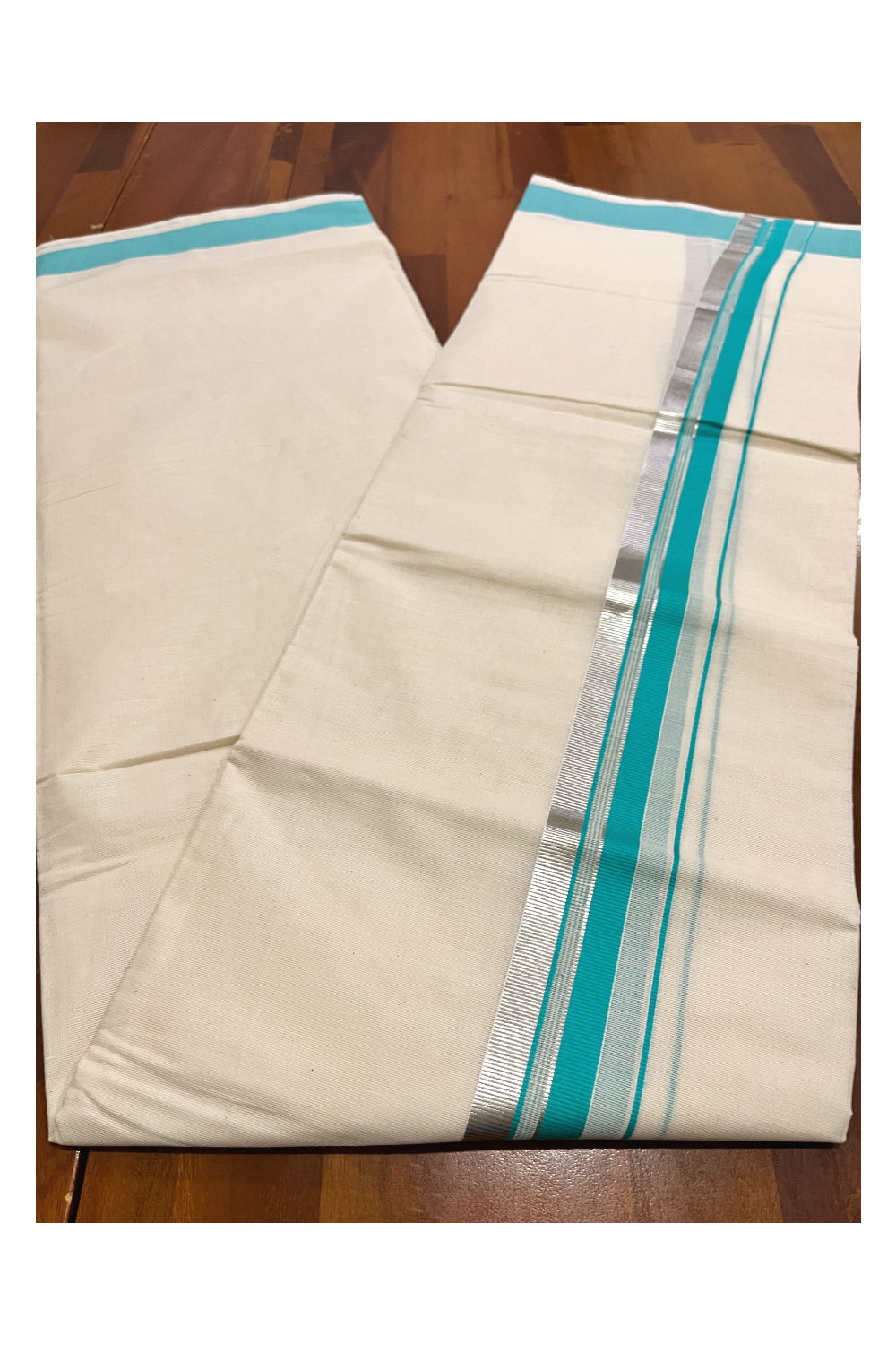 Pure Cotton Kerala Double Mundu with Turquoise and Silver Kasavu Kara (South Indian Kerala Dhoti)