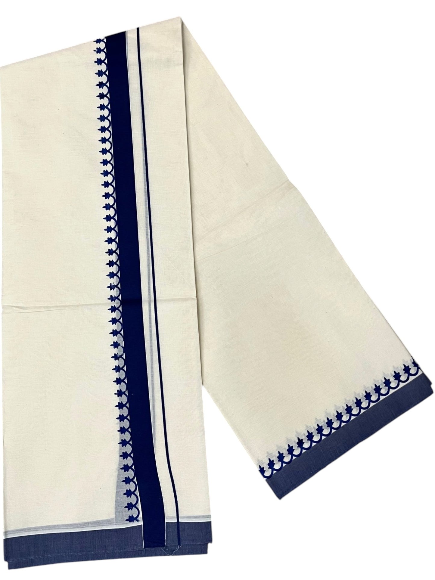 Southloom Kerala Cotton Blue Kara Printed Double Mundu (South Indian Kerala Dhoti) SL567