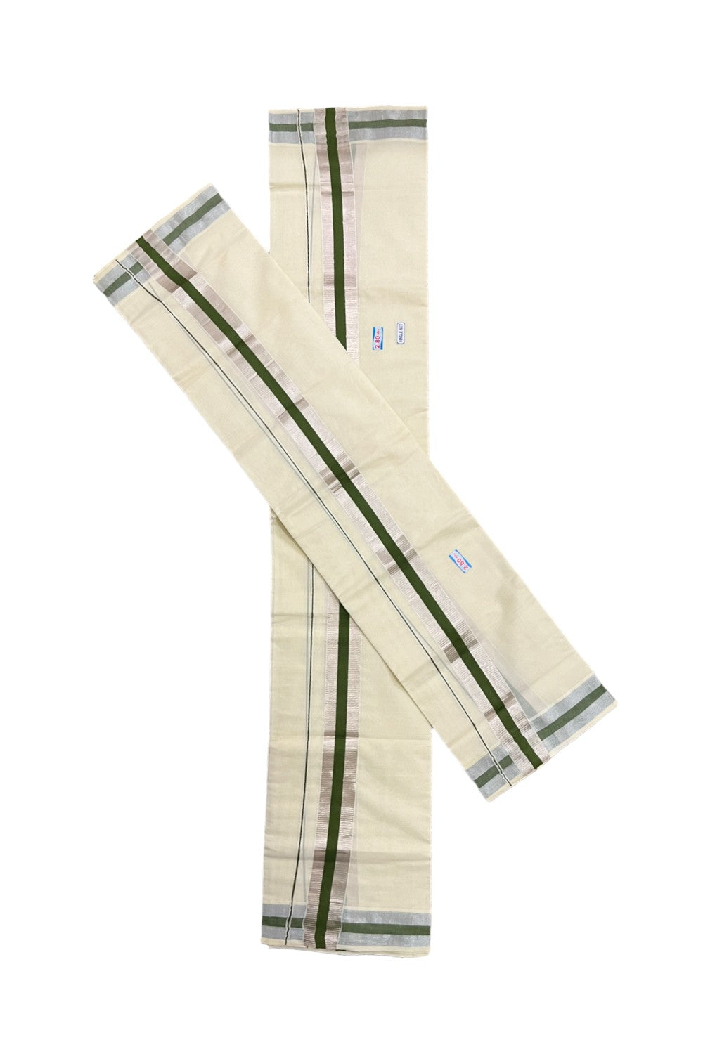 Kerala Cotton Mundum Neriyathum Single (Set Mundu) with Olive Green and Silver Kasavu Border 2.80 Mtrs