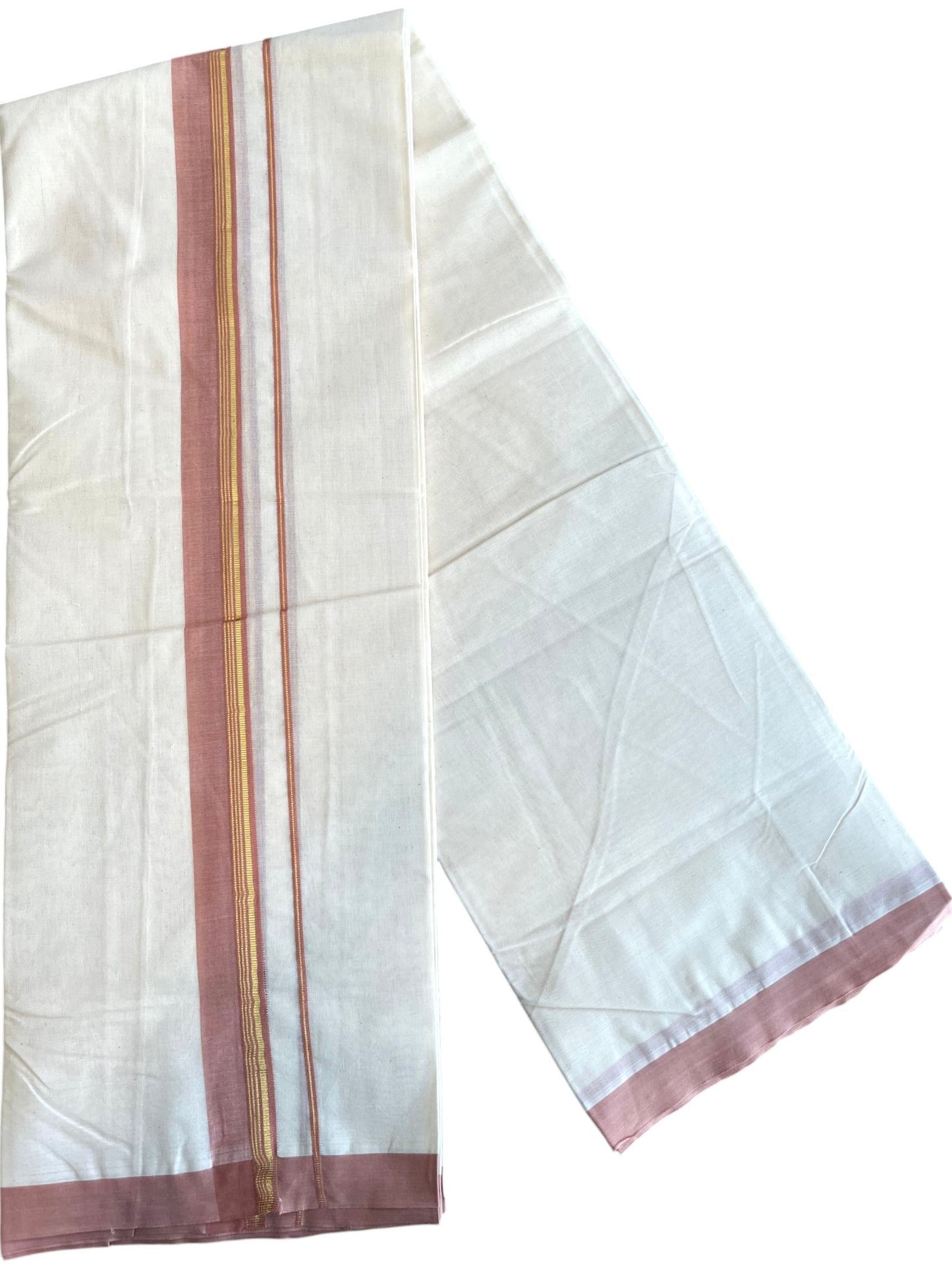 Southloom Pure Cotton Mundu with Golden Lines and Peach Border (South Indian Kerala Dhoti)