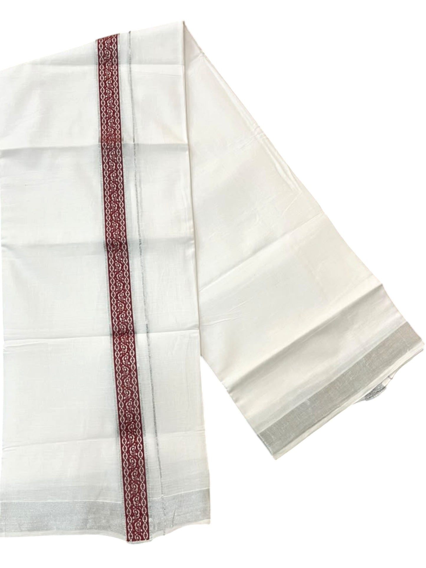 Southloom Pure White Cotton Mundu with Brick Red and Silver Kasavu Border (South Indian Kerala Dhoti)