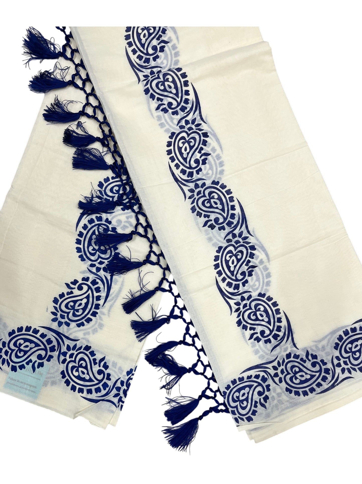 Southloom Cotton Single Set Mundu (Mundu Neriyathum) Blue Printed Border With Tussles in 2.80 Mtrs