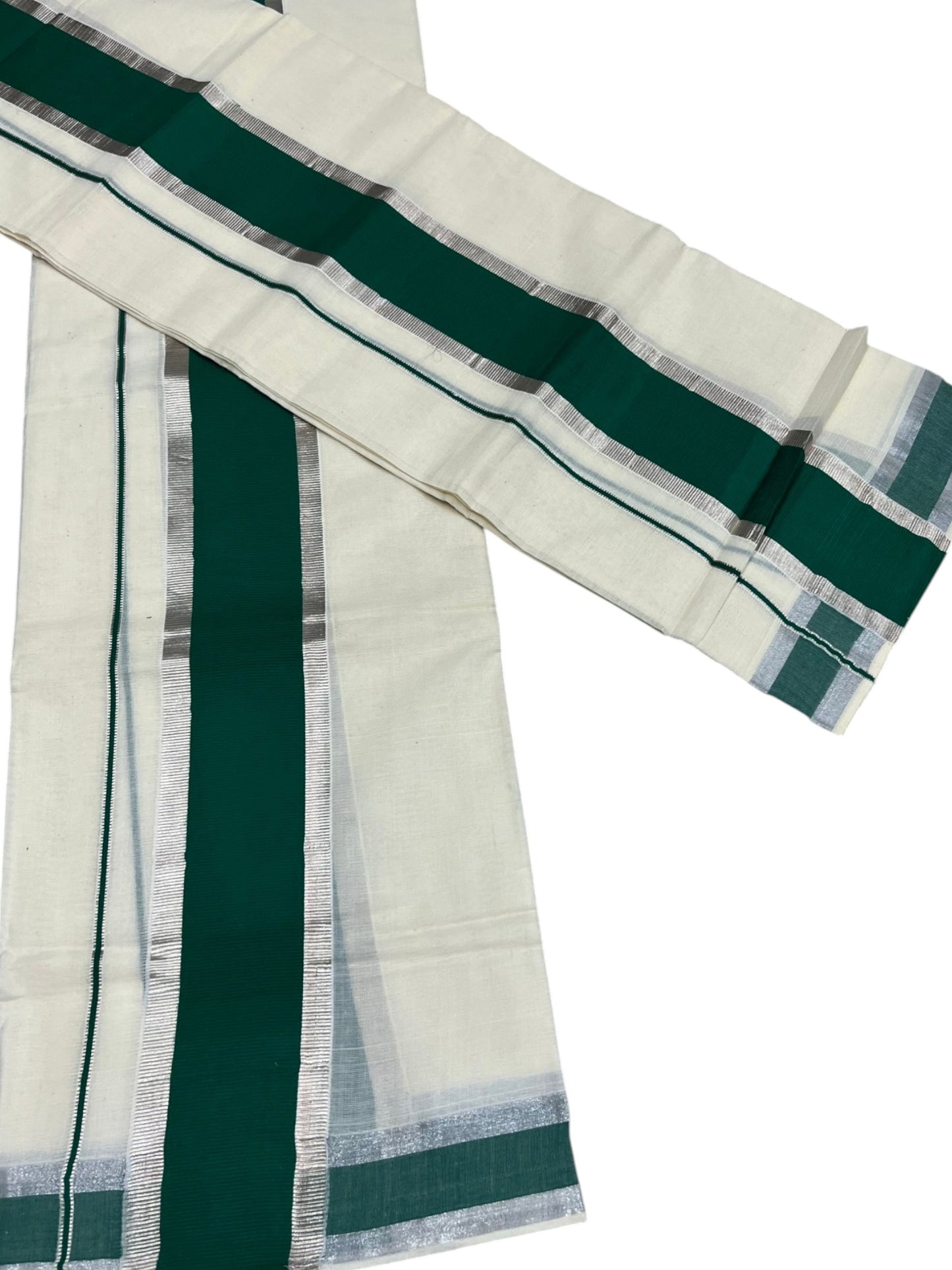 Kerala Cotton Mundum Neriyathum Single (Set Mundu) with Light Green and Silver Kasavu Border 2.80 Mtrs  SLKK SL470